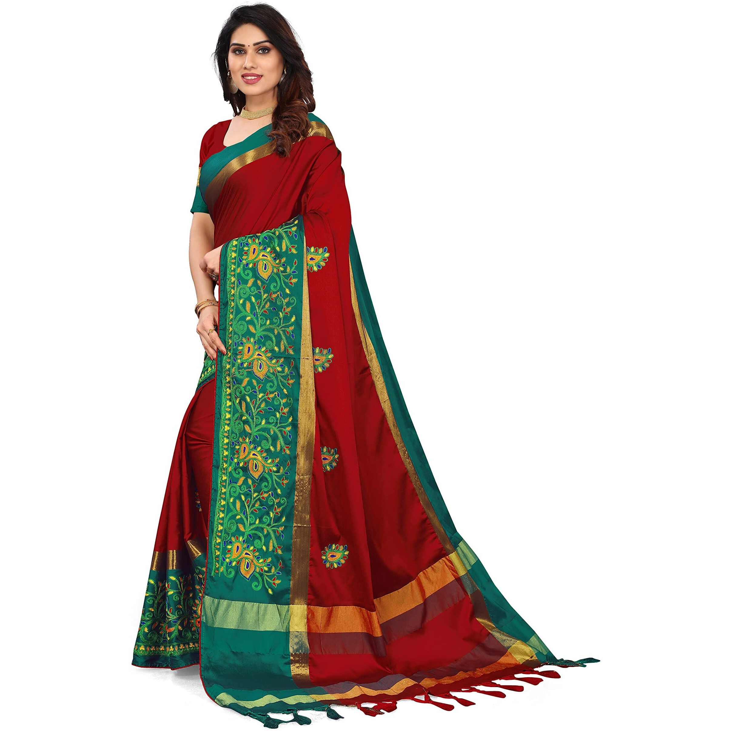 SERONA FABRICS Womens Banarasi Cotton Saree With Blouse Piece (SERONA1234_(1)_Red And Green)