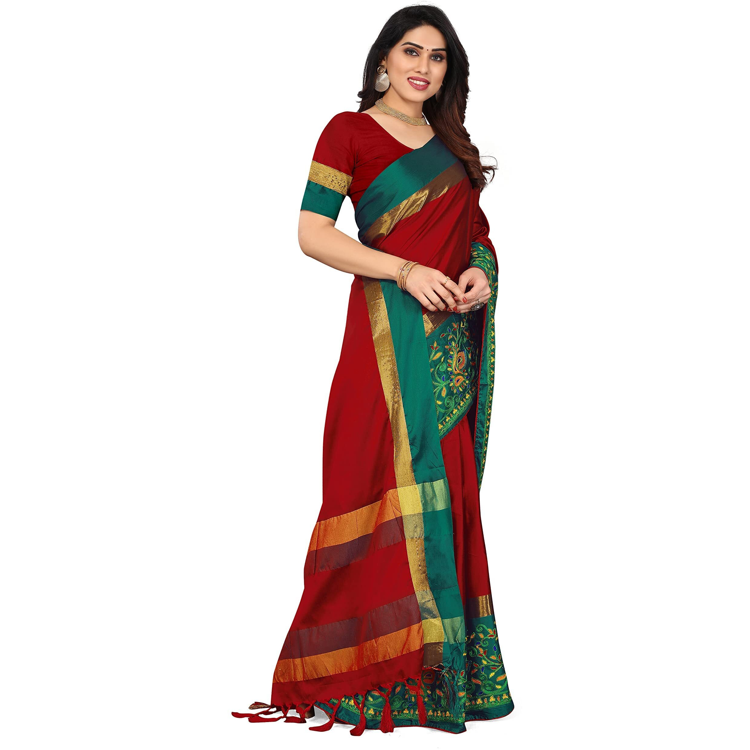 SERONA FABRICS Womens Banarasi Cotton Saree With Blouse Piece (SERONA1234_(1)_Red And Green)