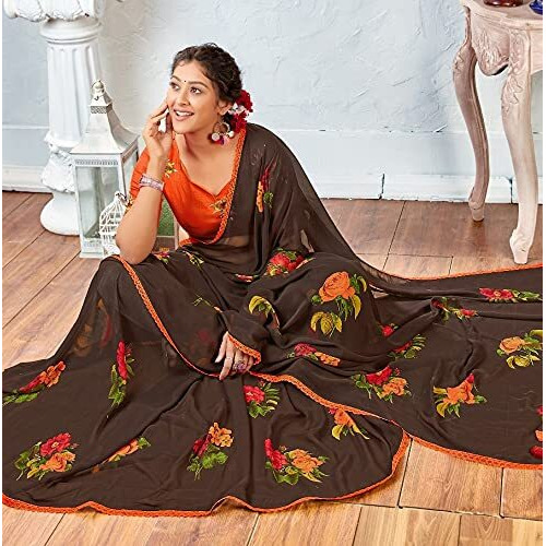 RIWAAYAT TRENDS Womens Pure Georgette Floral Print saree with Lace Borders and Solid Blouse Piece (Dark Brown)