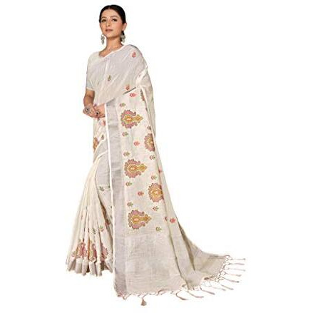 RIWAAYAT TRENDS Womens Woven Pure Linen Embroidered Saree with Blouse Piece (Grey10)