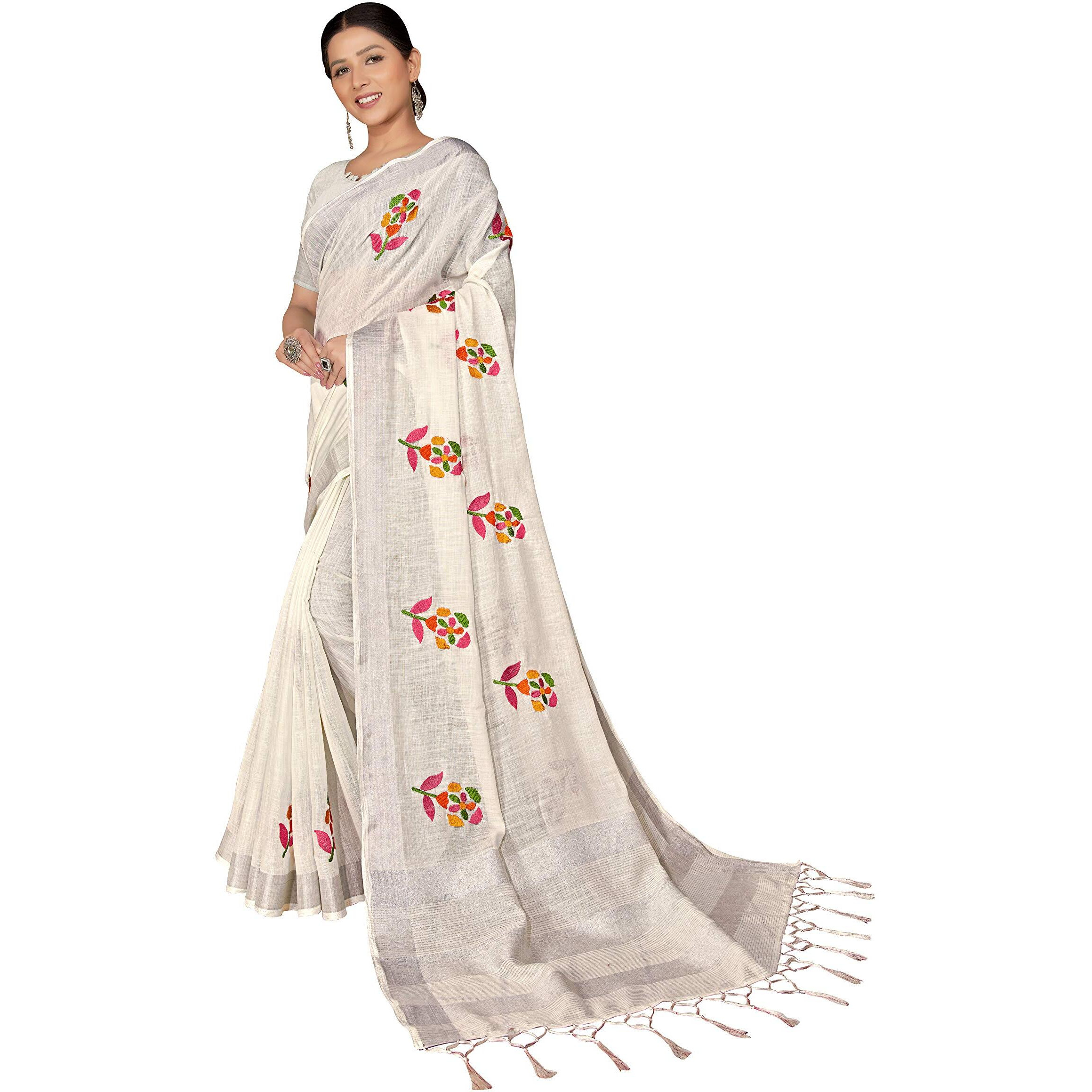 RIWAAYAT TRENDS Womens Woven Pure Linen Embroidered Saree with Blouse Piece (White3)