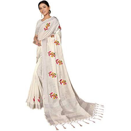 RIWAAYAT TRENDS Womens Woven Pure Linen Embroidered Saree with Blouse Piece (White3)