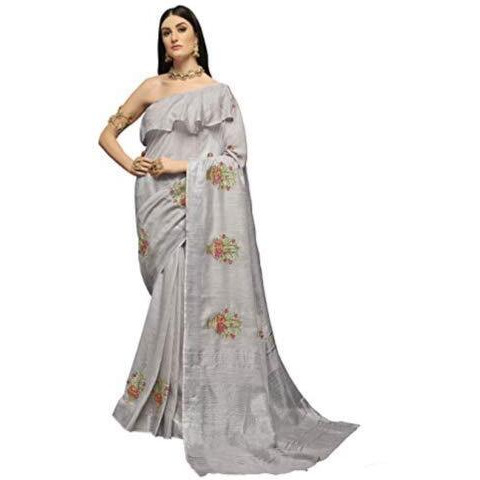 RIWAAYAT TRENDS Womens Woven Pure Linen Embroidered Saree with Blouse Piece (Silver Grey)