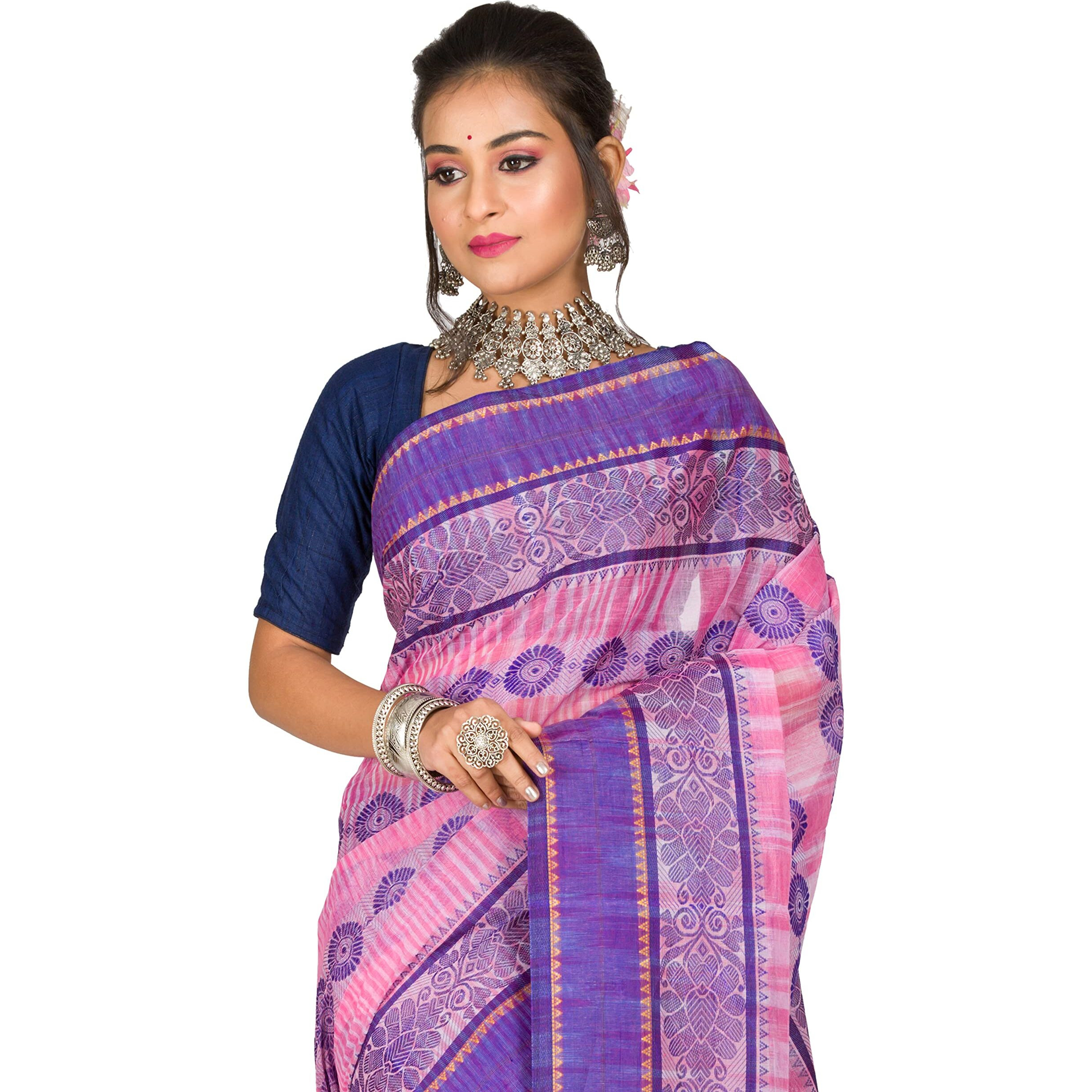 RAJ SAREE HOUSE Womens Traditional Pure Cotton Bengali Handloom Tant Saree - Without Blouse Piece (Multicolor- Pink)