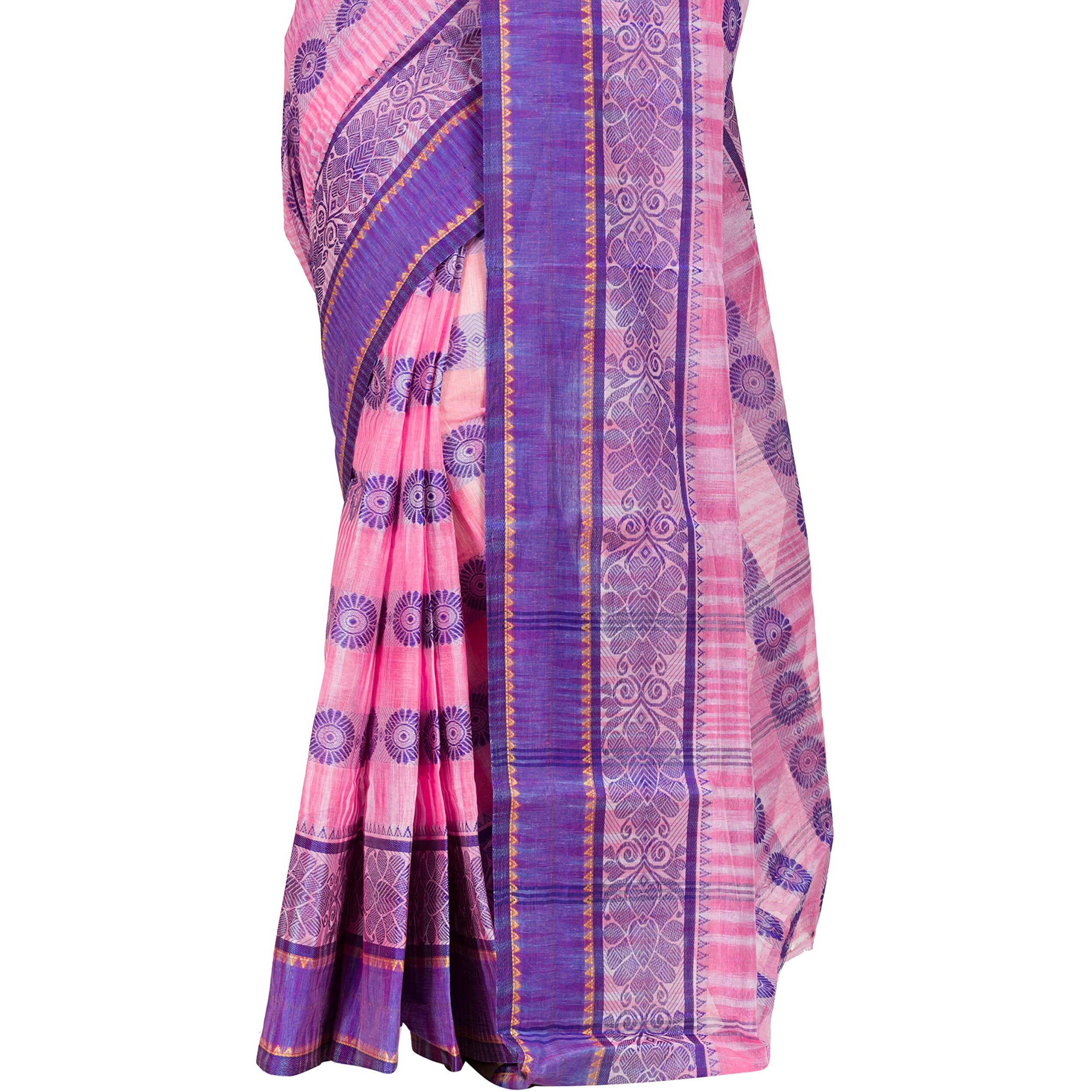 RAJ SAREE HOUSE Womens Traditional Pure Cotton Bengali Handloom Tant Saree - Without Blouse Piece (Multicolor- Pink)