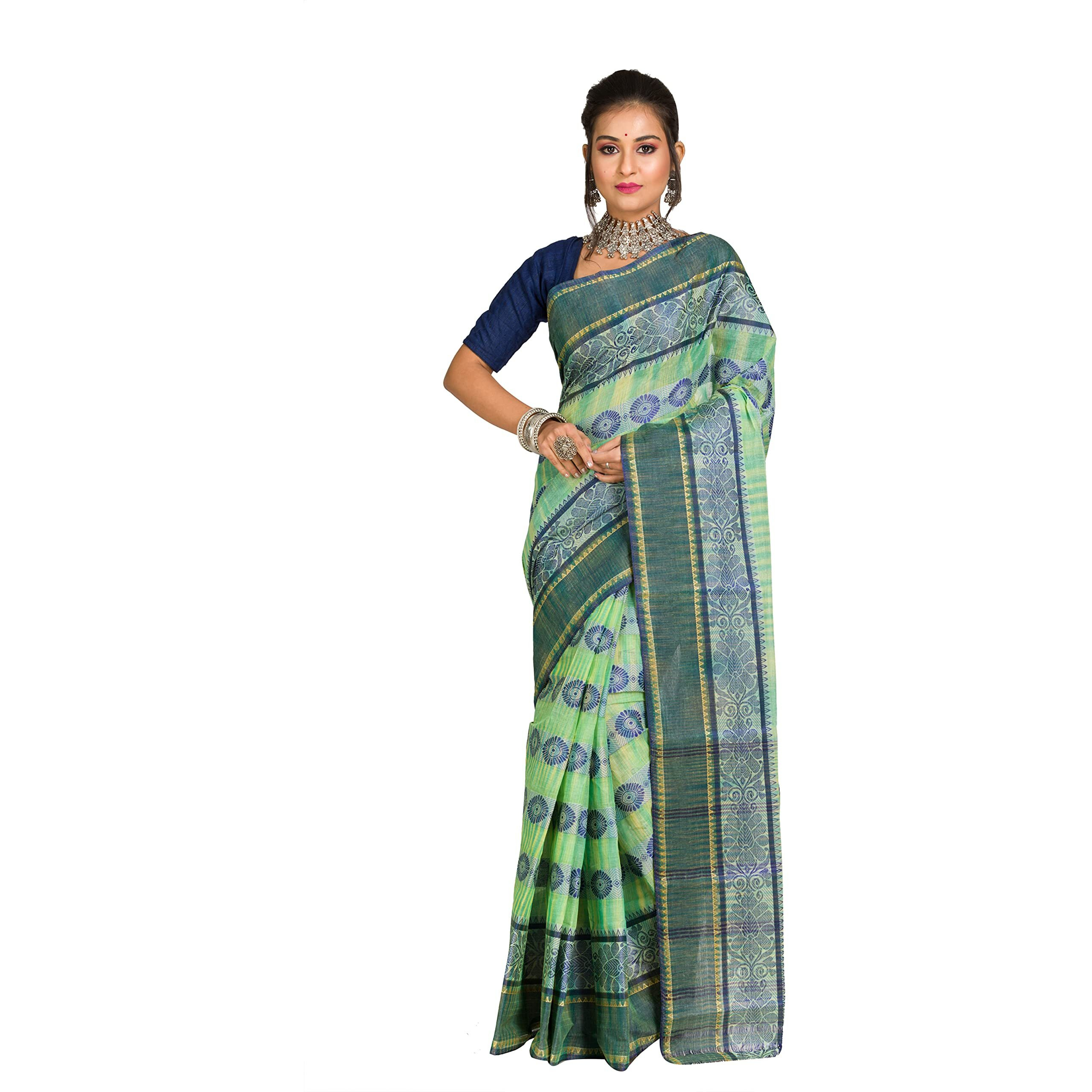 RAJ SAREE HOUSE Womens Traditional Pure Cotton Bengali Handloom Tant Saree - Without Blouse Piece (Multicolor- Light Green)
