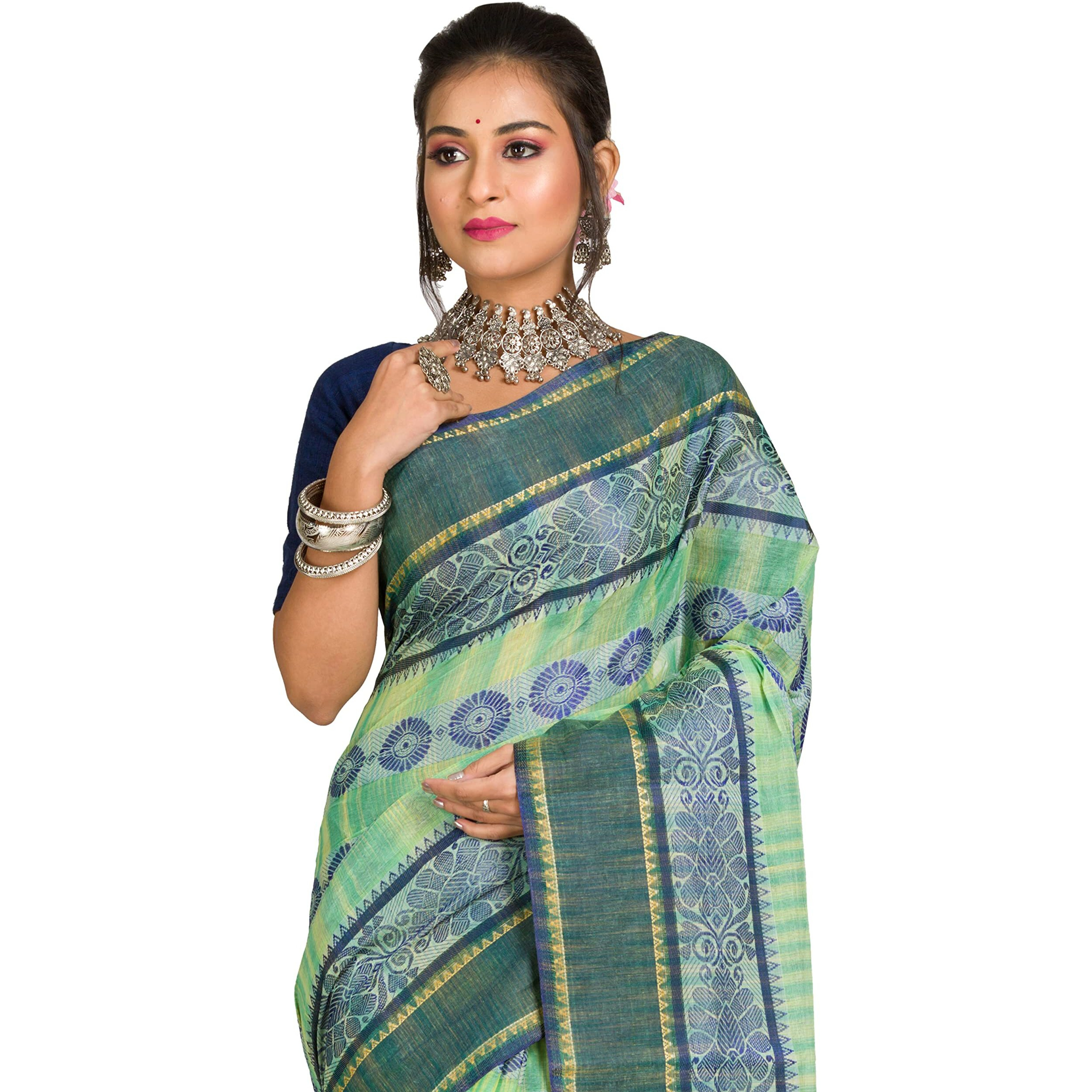 RAJ SAREE HOUSE Womens Traditional Pure Cotton Bengali Handloom Tant Saree - Without Blouse Piece (Multicolor- Light Green)