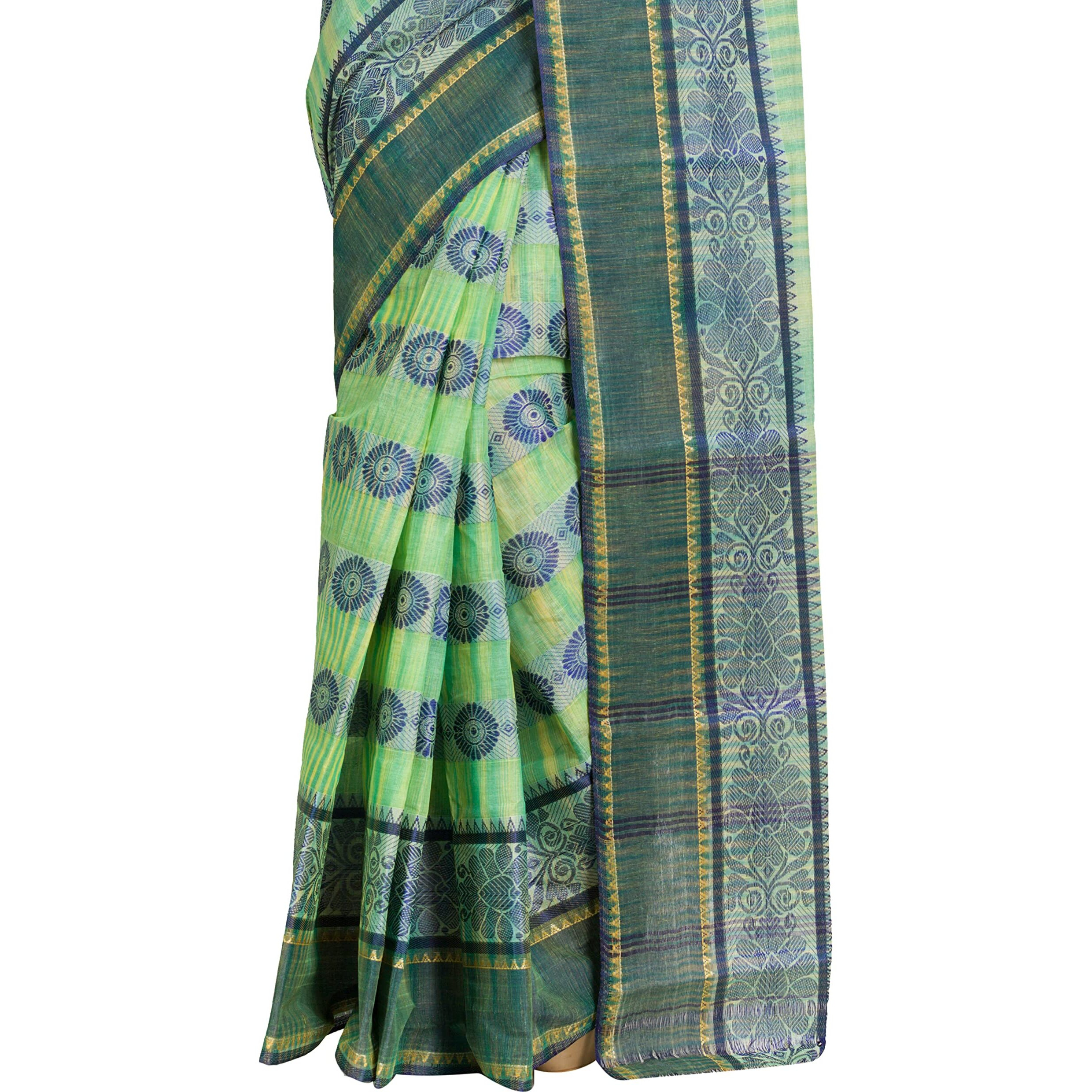 RAJ SAREE HOUSE Womens Traditional Pure Cotton Bengali Handloom Tant Saree - Without Blouse Piece (Multicolor- Light Green)