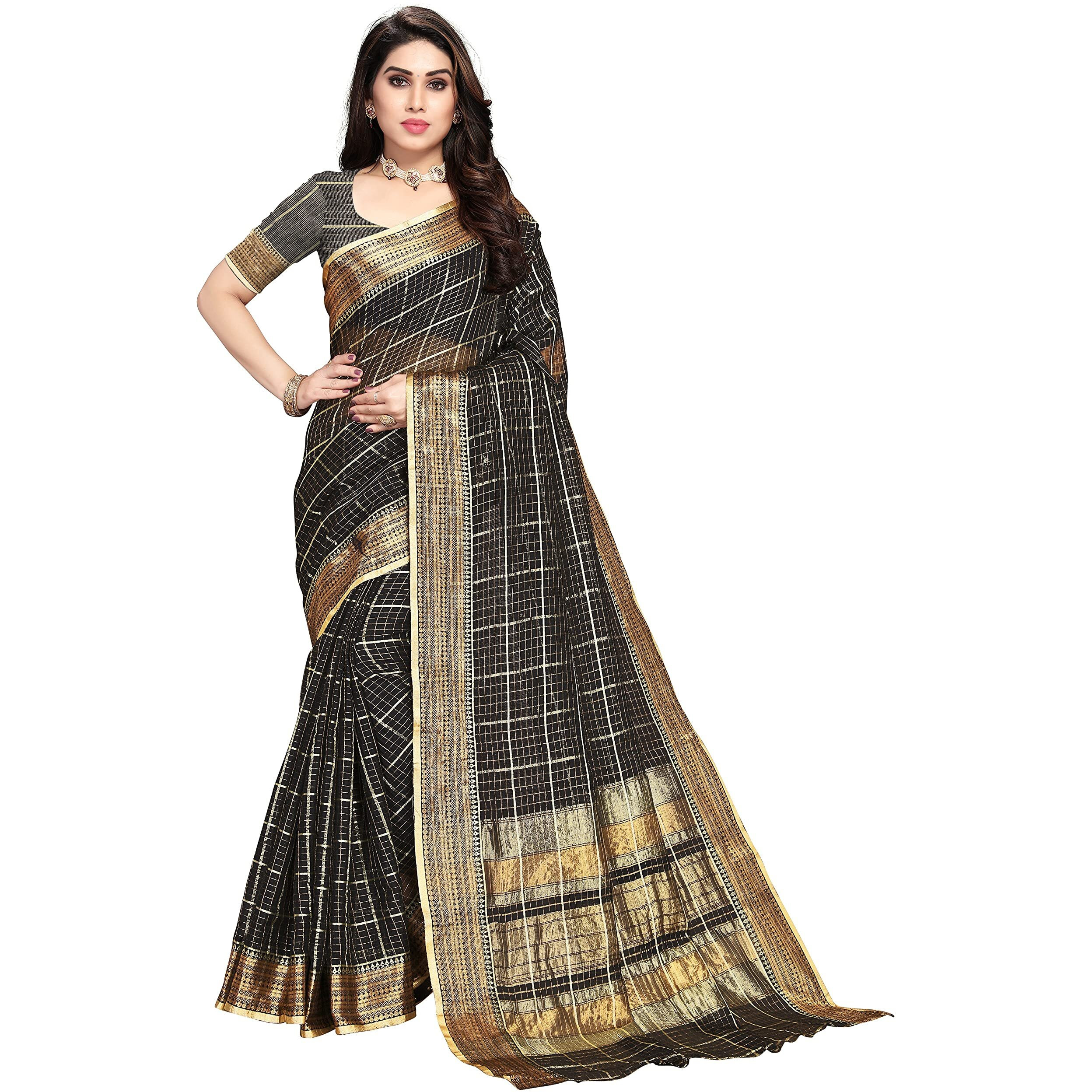Sidhidata Textile Womens Kota Doria Cotton Saree With Unstitched Blouse Piece (E Black)