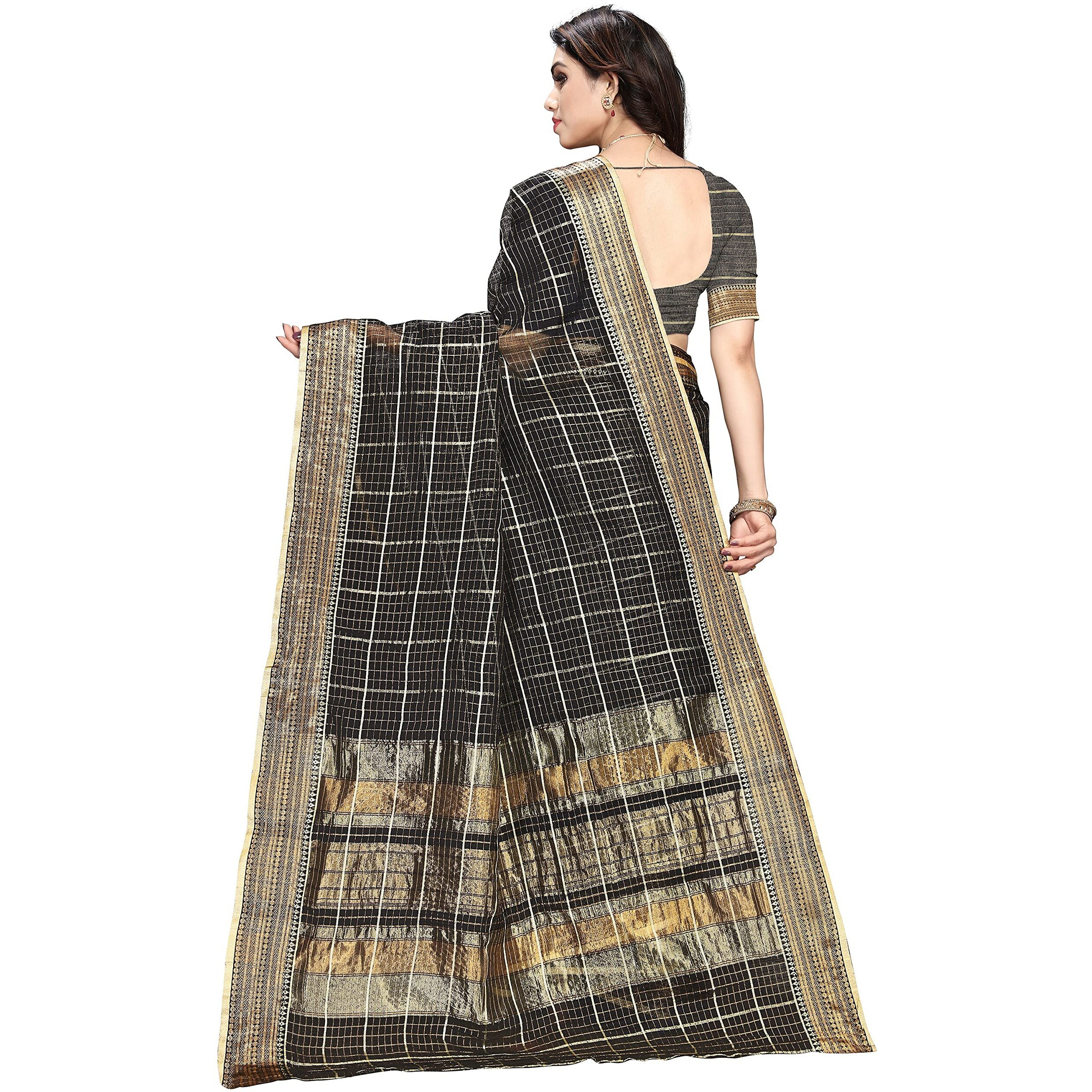 Sidhidata Textile Womens Kota Doria Cotton Saree With Unstitched Blouse Piece (E Black)