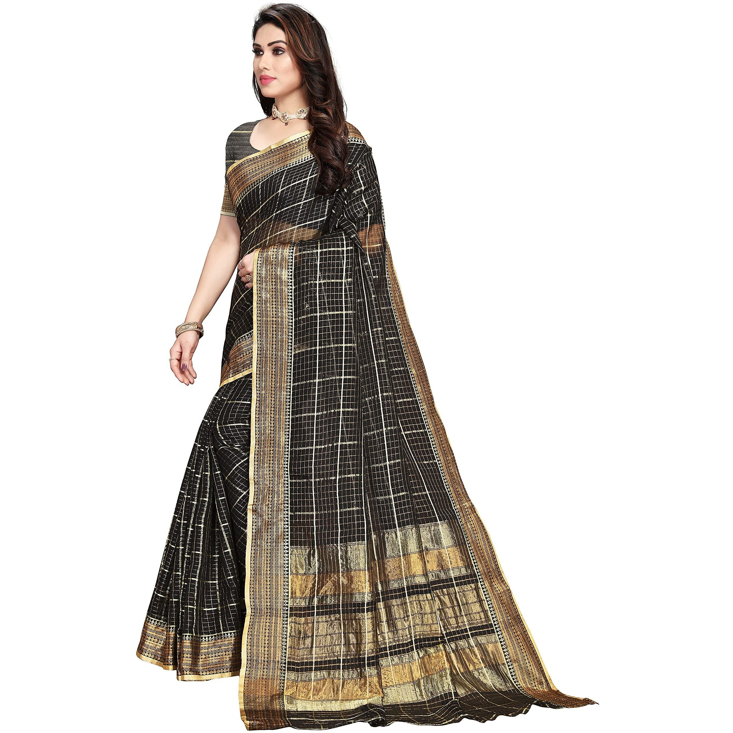 Sidhidata Textile Womens Kota Doria Cotton Saree With Unstitched Blouse Piece (E Black)