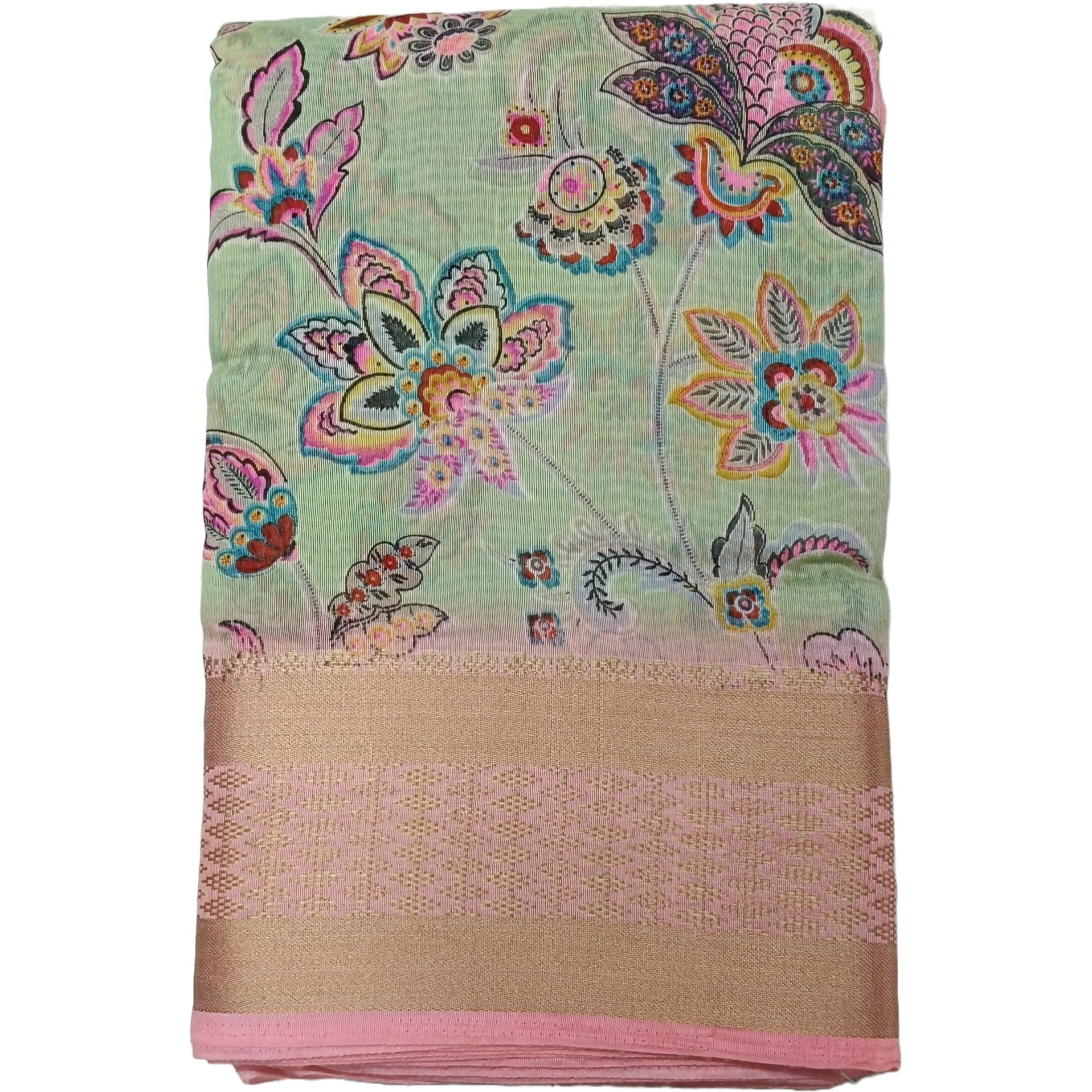 RIWAAYAT TRENDS Womens Linen Cotton Saree with weaving Border and Self Printed Blouse Piece (Sea Green)
