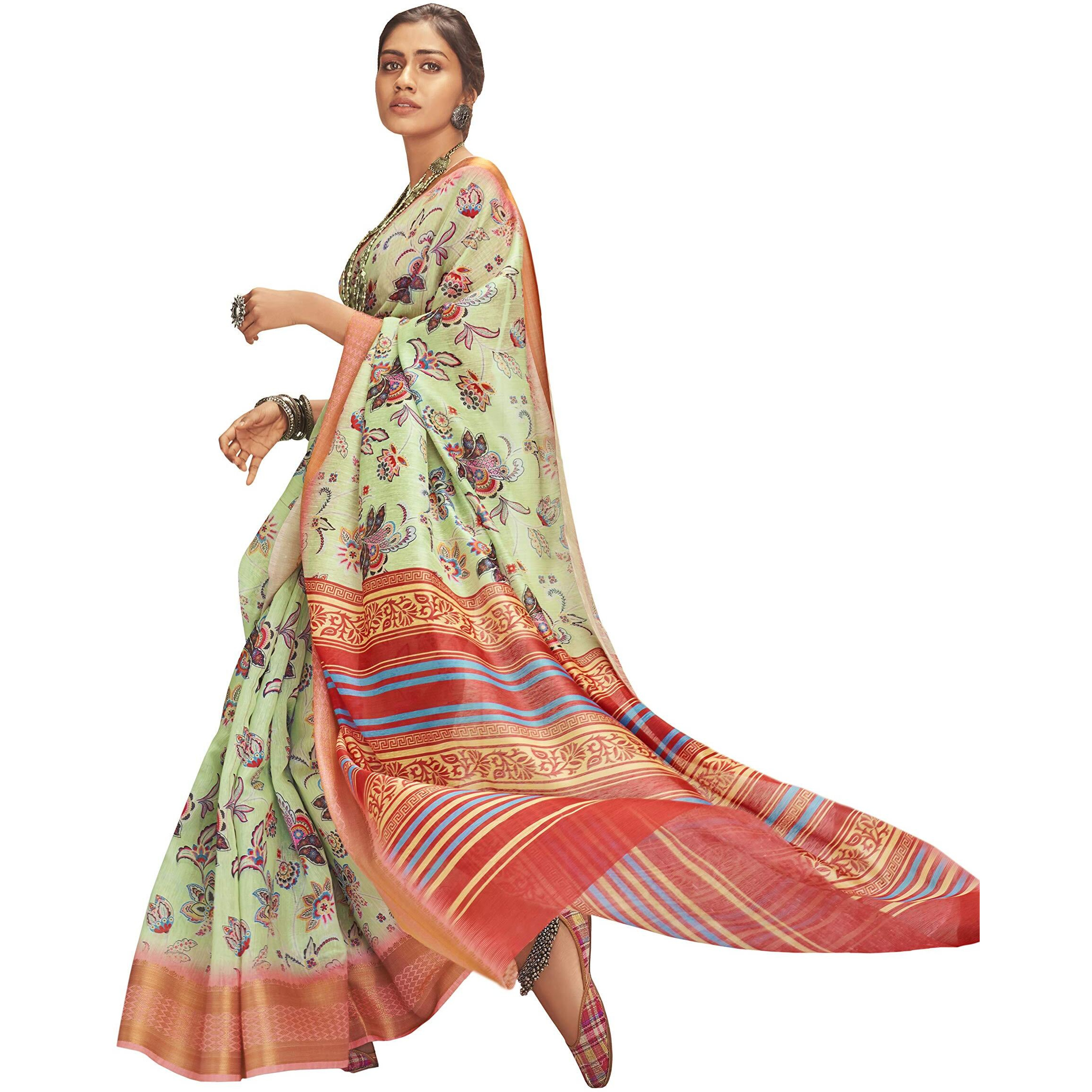 RIWAAYAT TRENDS Womens Linen Cotton Saree with weaving Border and Self Printed Blouse Piece (Sea Green)
