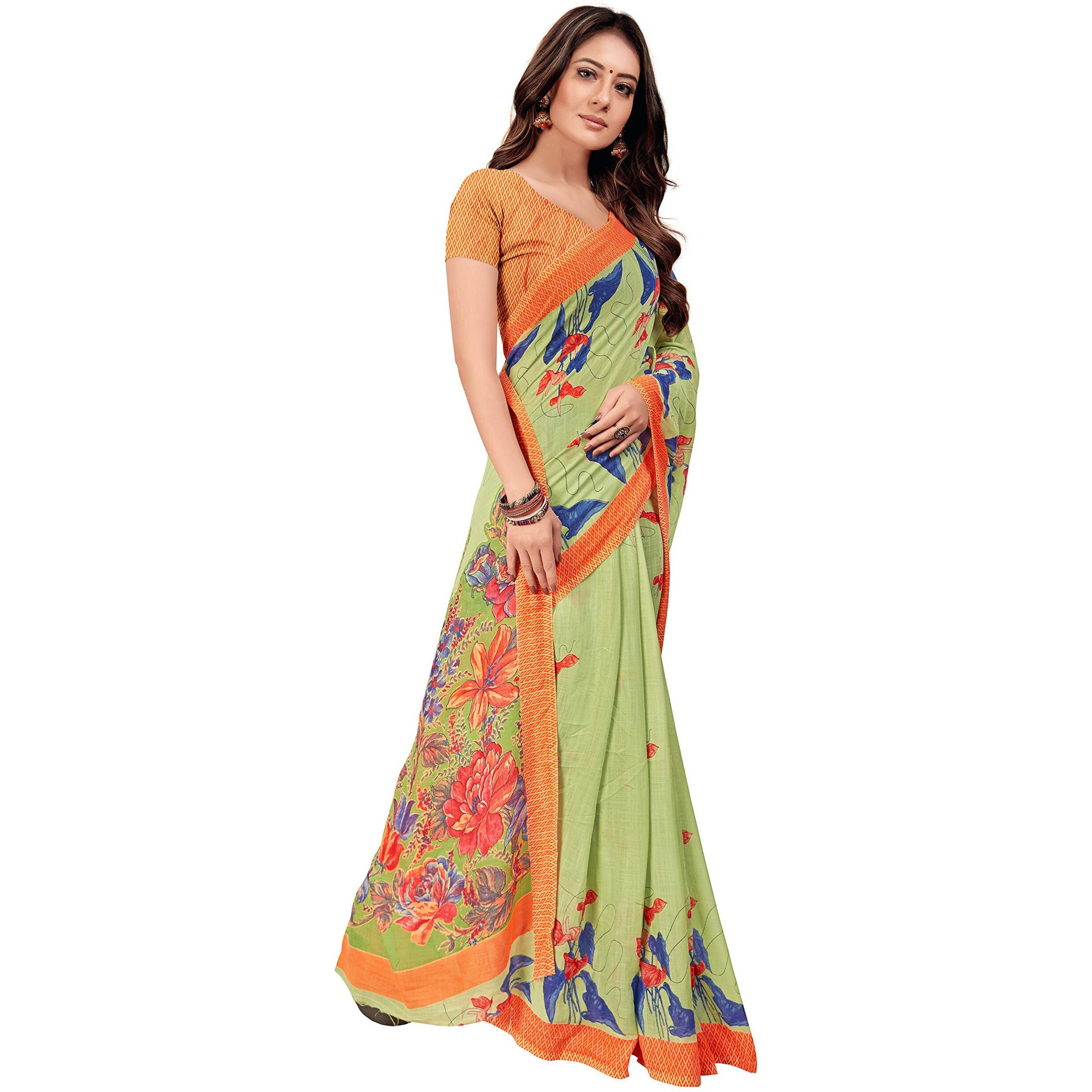 RIWAAYAT TRENDS Womens Khadi Linen Printed Saree With Blouse Piece (Light Green)