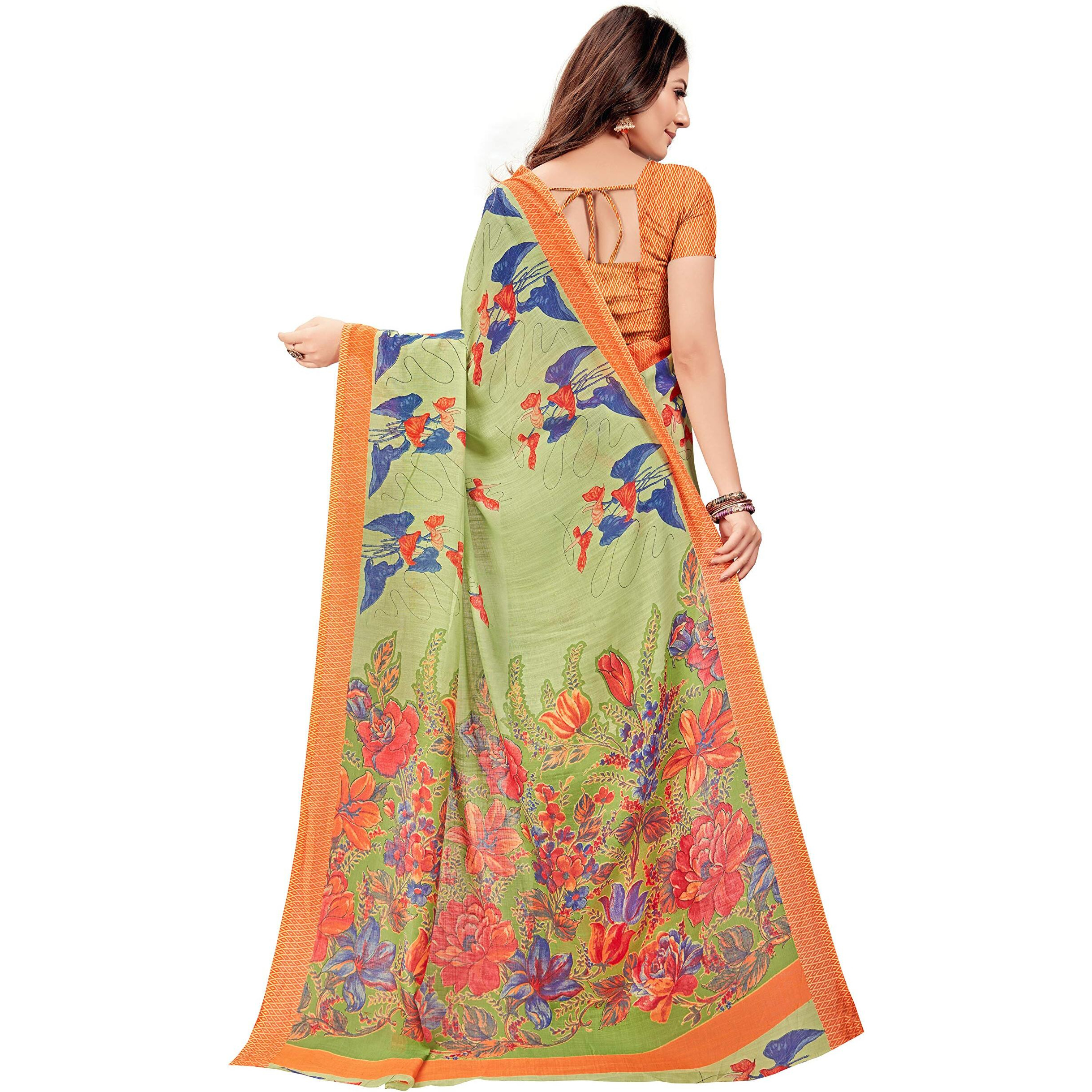 RIWAAYAT TRENDS Womens Khadi Linen Printed Saree With Blouse Piece (Light Green)