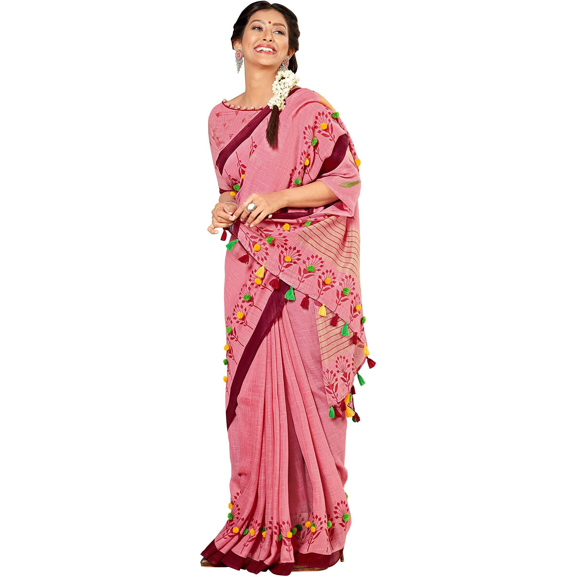 RIWAAYAT TRENDS Womens Khadi Linen Saree With Unstitched Blouse Piece (RT_Plu_7_Onion Pink)