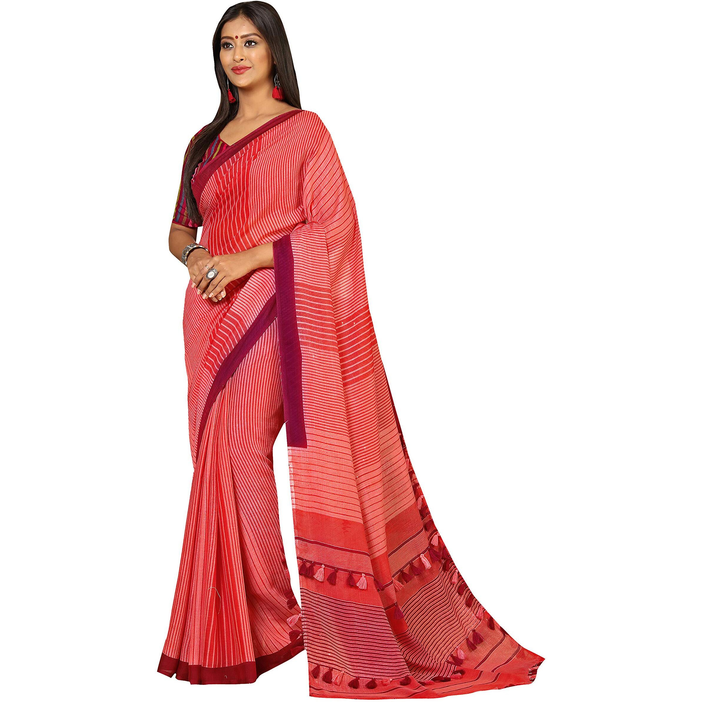 RIWAAYAT TRENDS Womens Khadi Linen Saree With Unstitched Blouse Piece (RT_Plu_1_Peach Pink)