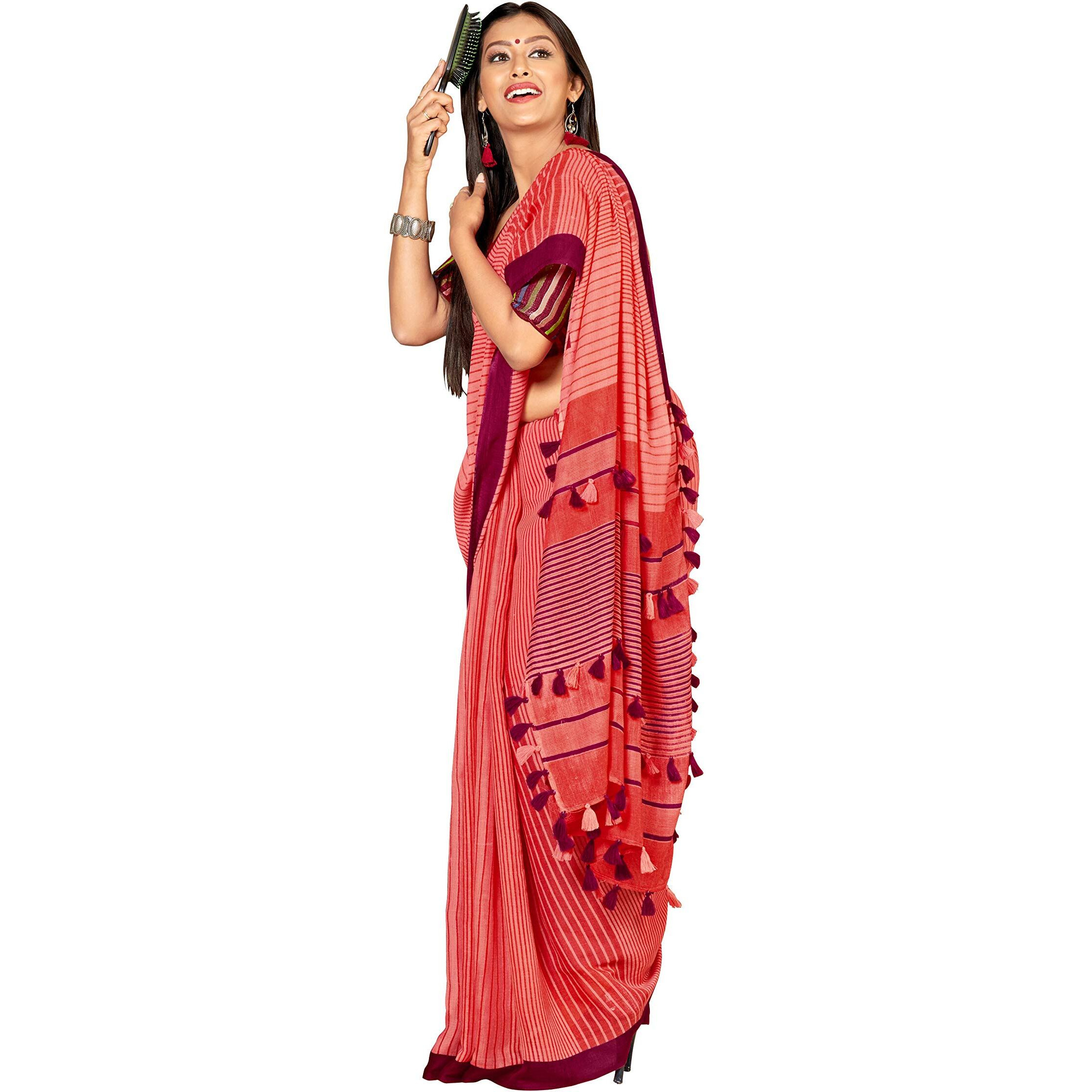 RIWAAYAT TRENDS Womens Khadi Linen Saree With Unstitched Blouse Piece (RT_Plu_1_Peach Pink)