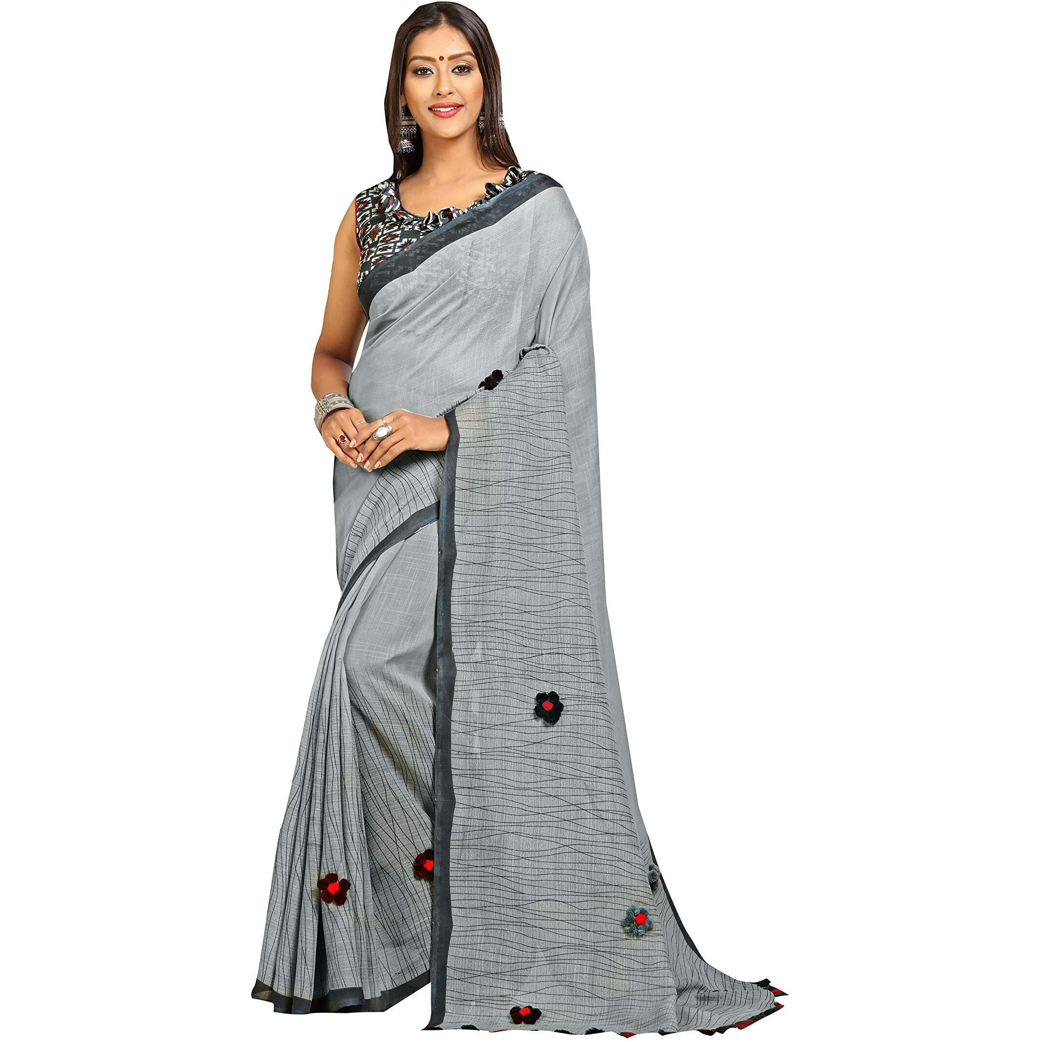 RIWAAYAT TRENDS Womens Khadi Linen Saree With Unstitched Blouse Piece (RT_Plu_11_Light Grey)