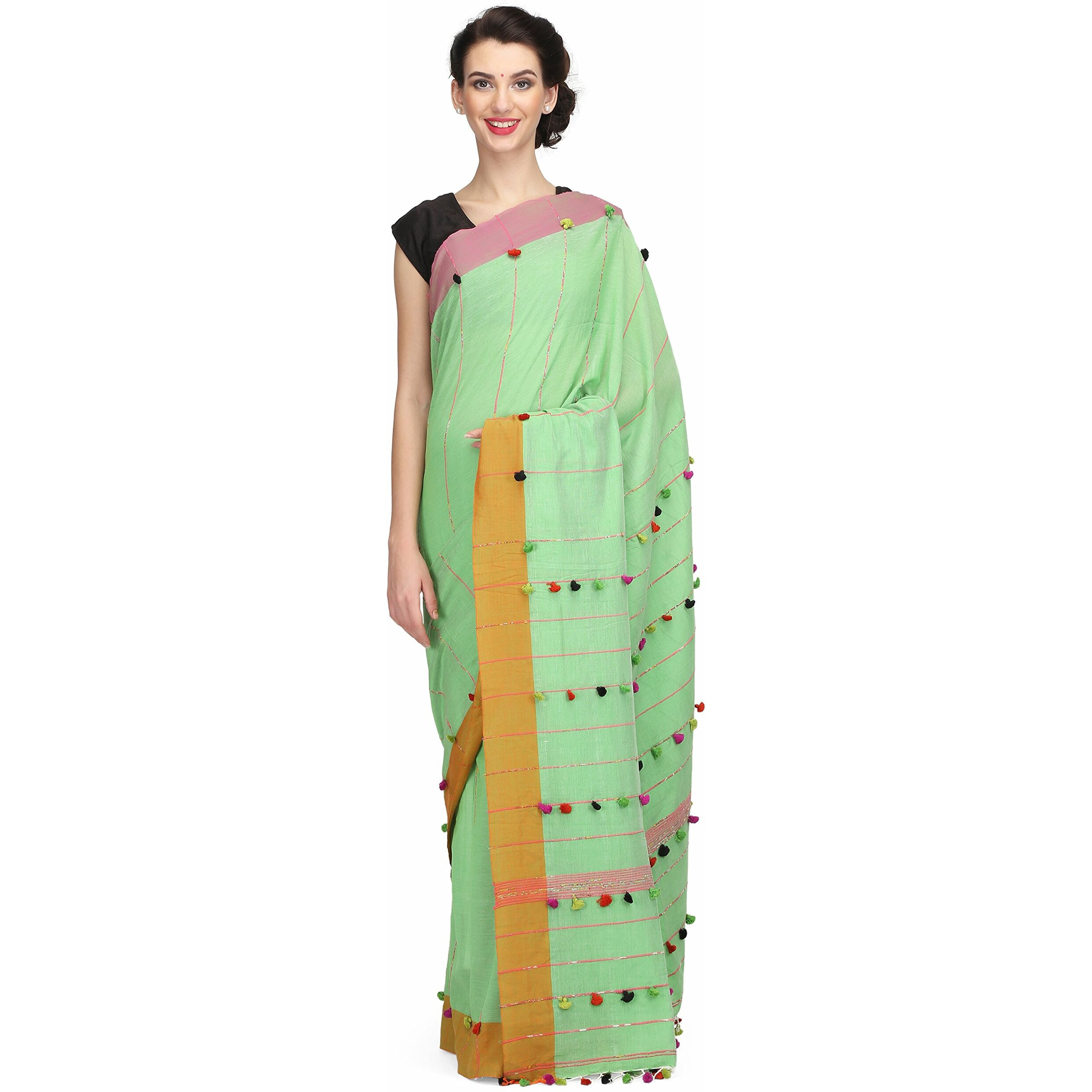 THE WEAVE TRAVELLER Women Handloom Khadi Khesh Saree with Pom Pom on Pallu and Border (GREEN)