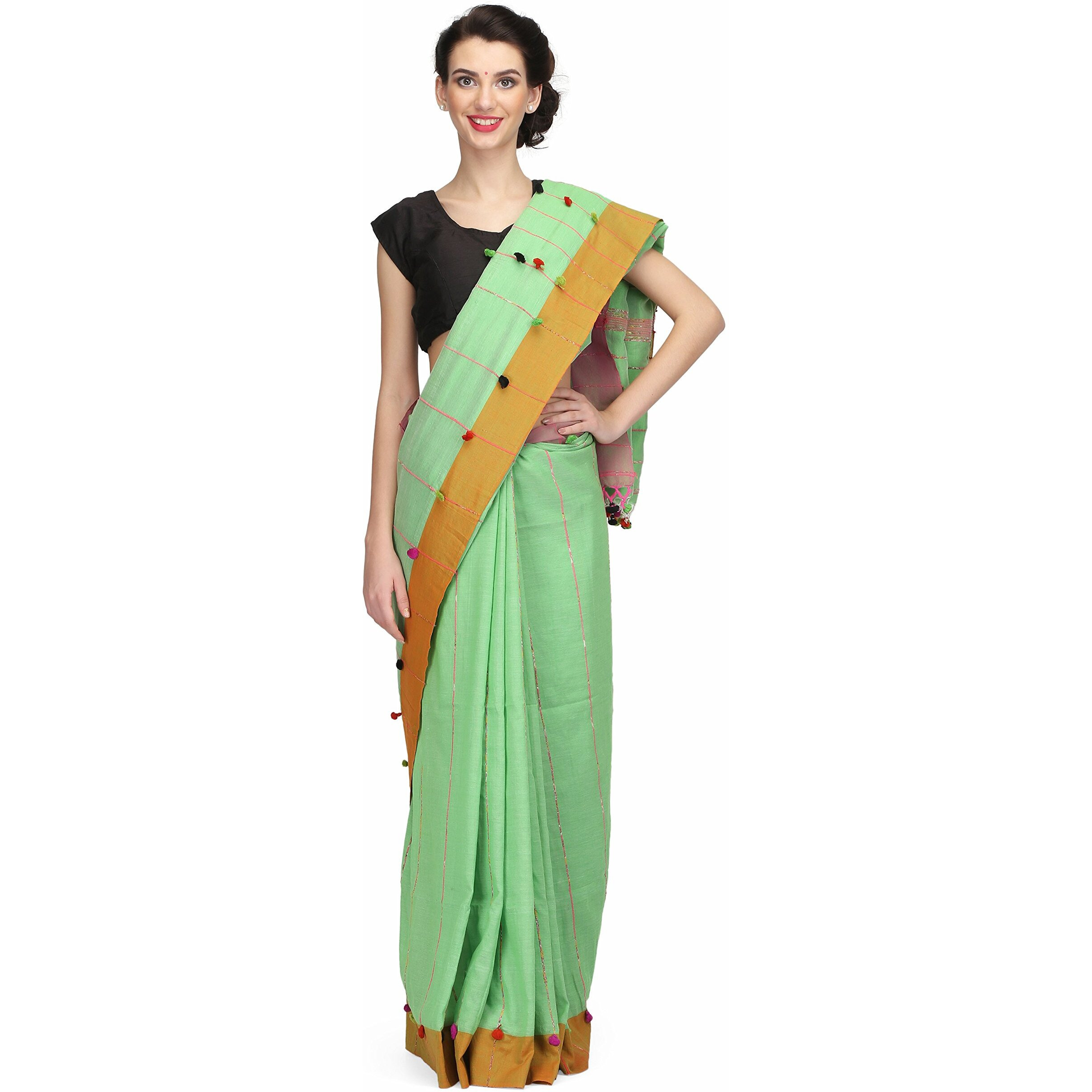 THE WEAVE TRAVELLER Women Handloom Khadi Khesh Saree with Pom Pom on Pallu and Border (GREEN)