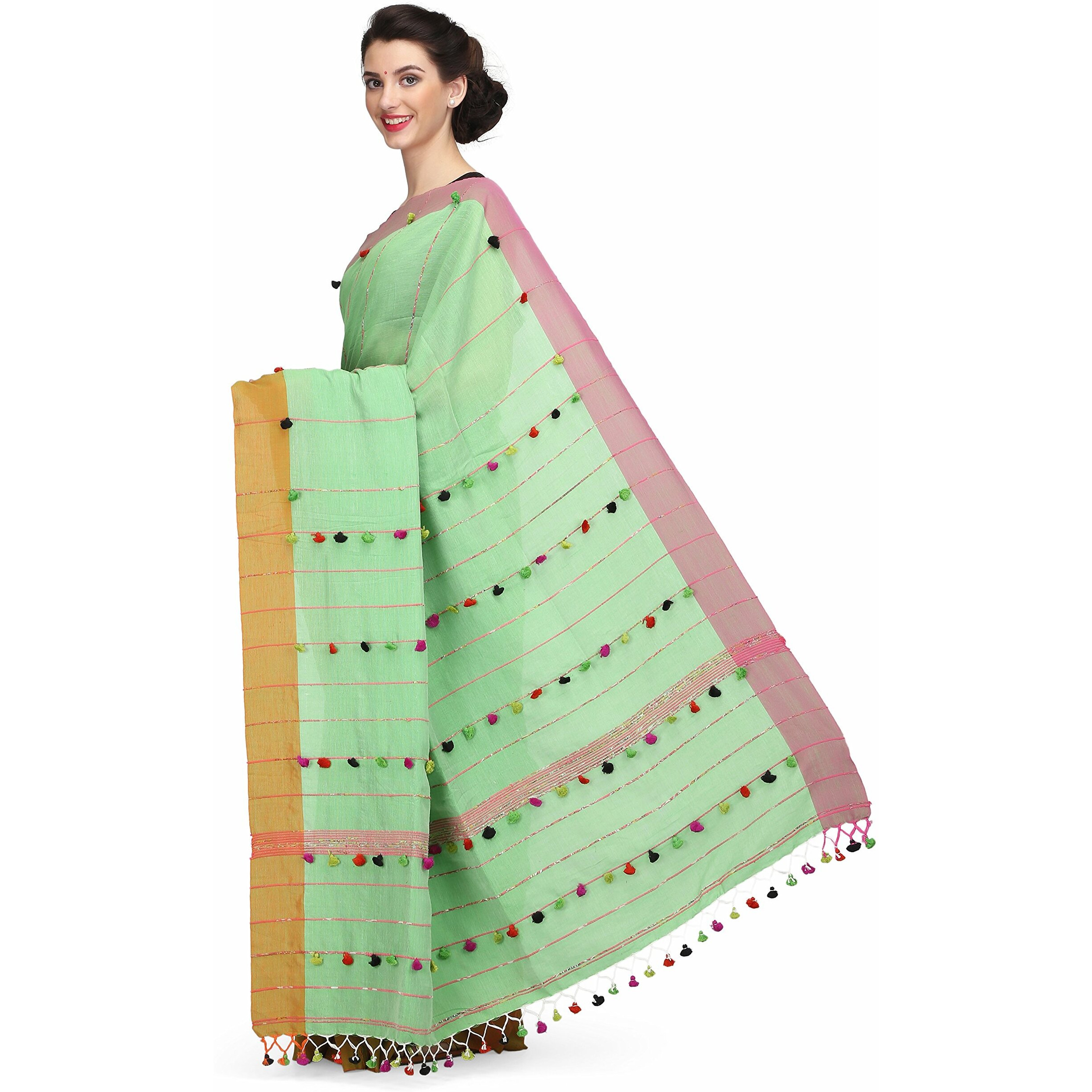 THE WEAVE TRAVELLER Women Handloom Khadi Khesh Saree with Pom Pom on Pallu and Border (GREEN)