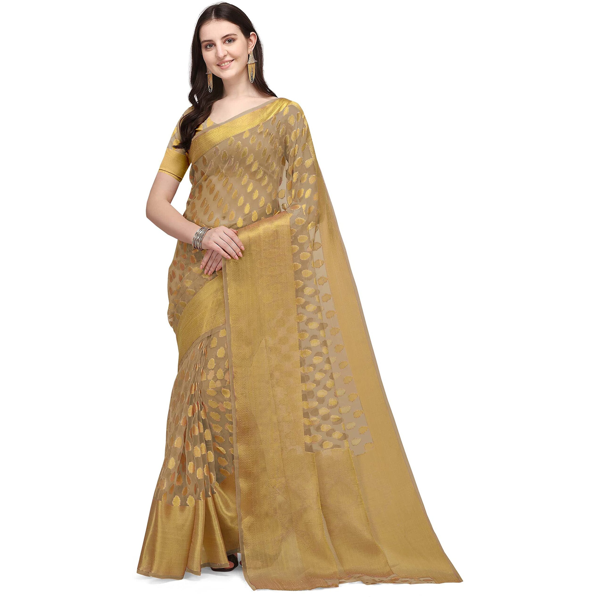 Jaanvi fashion Womens Light Weight Organza Saree With Zari & Blouse Piece(organza-light-french-beige)
