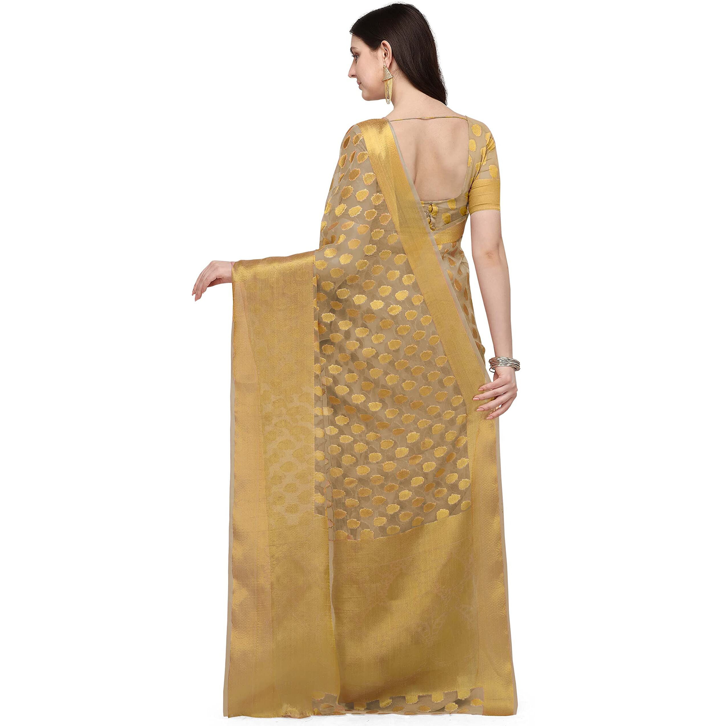 Jaanvi fashion Womens Light Weight Organza Saree With Zari & Blouse Piece(organza-light-french-beige)