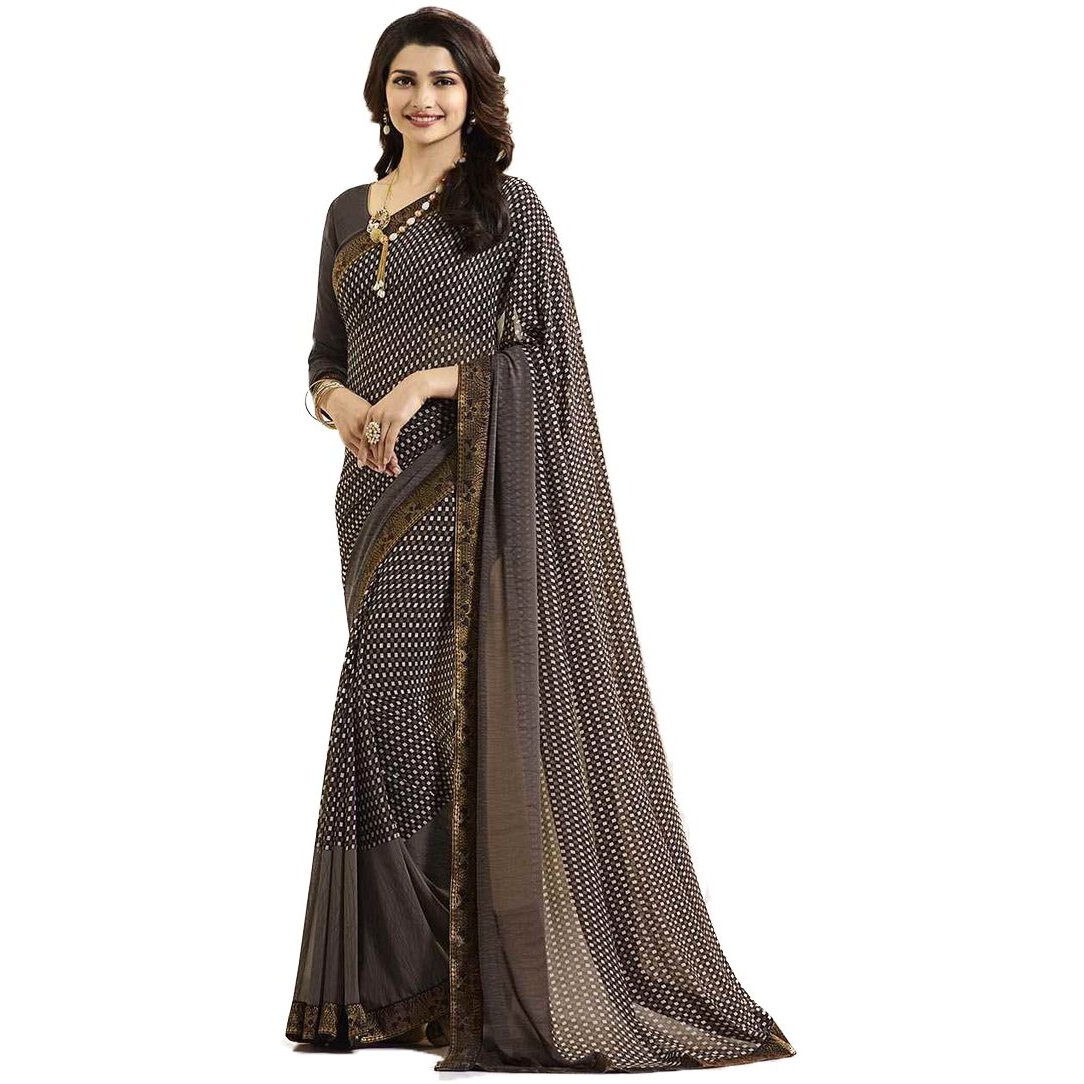 RAJESHWAR FASHION WITH RF Womens Checks Printed Georgette Sarees For Women With Jacquard Lace Border & Blouse(A16 BROWN NEW_Multicolored_Free Size 6.30 Mtr)