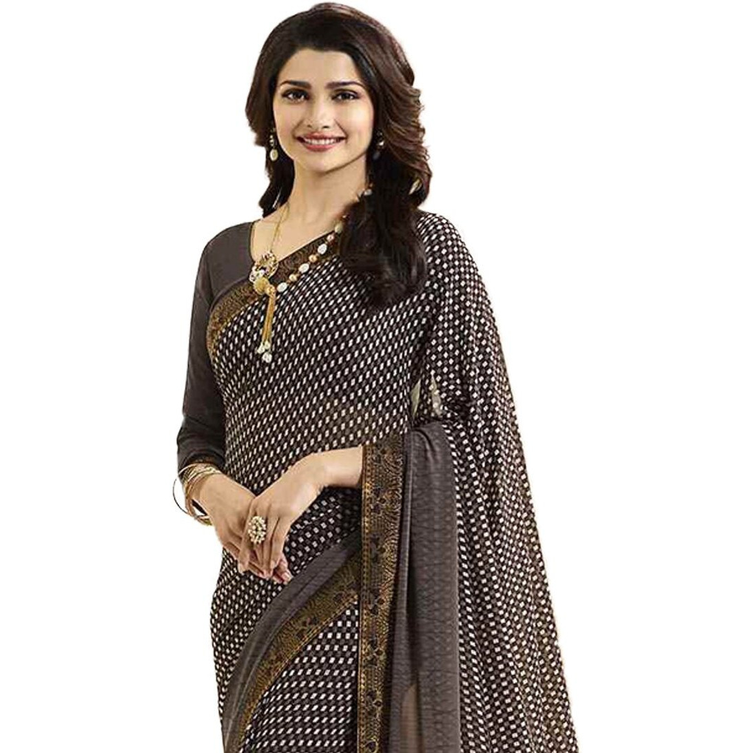 RAJESHWAR FASHION WITH RF Womens Checks Printed Georgette Sarees For Women With Jacquard Lace Border & Blouse(A16 BROWN NEW_Multicolored_Free Size 6.30 Mtr)