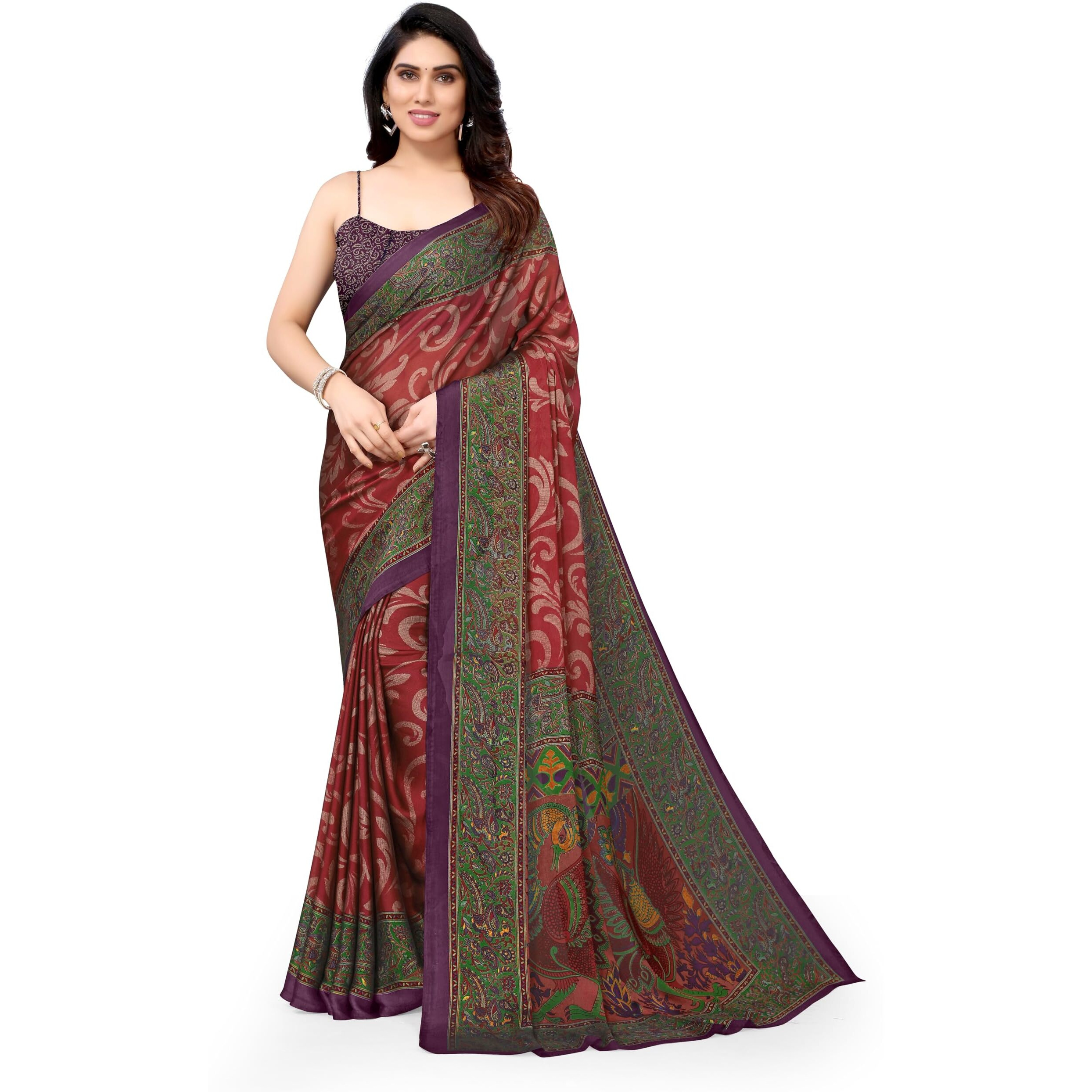 MIRCHI FASHION Womens Plain Weave Chiffon Self Design Printed Saree with Blouse Piece (37835-Red, Green)