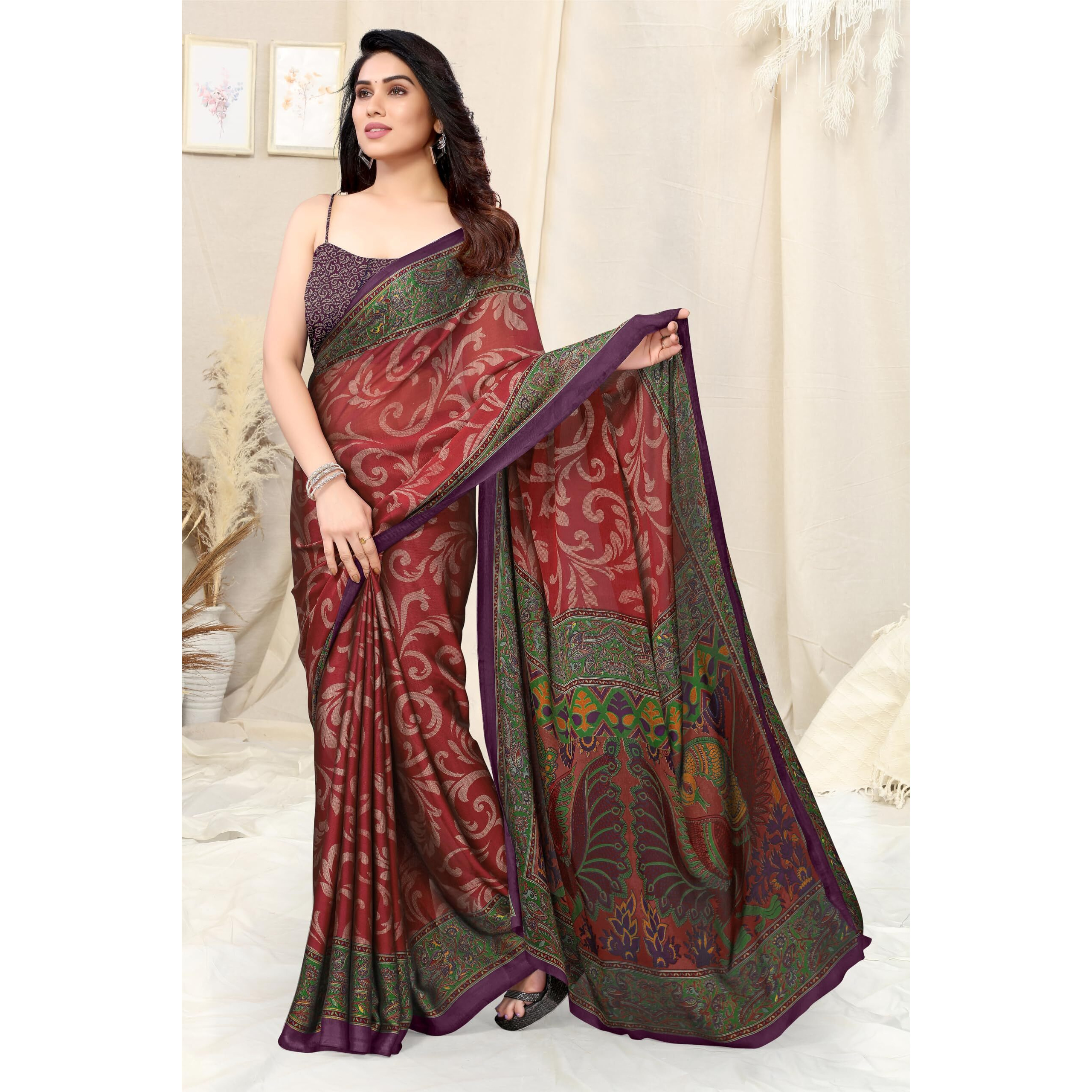 MIRCHI FASHION Womens Plain Weave Chiffon Self Design Printed Saree with Blouse Piece (37835-Red, Green)