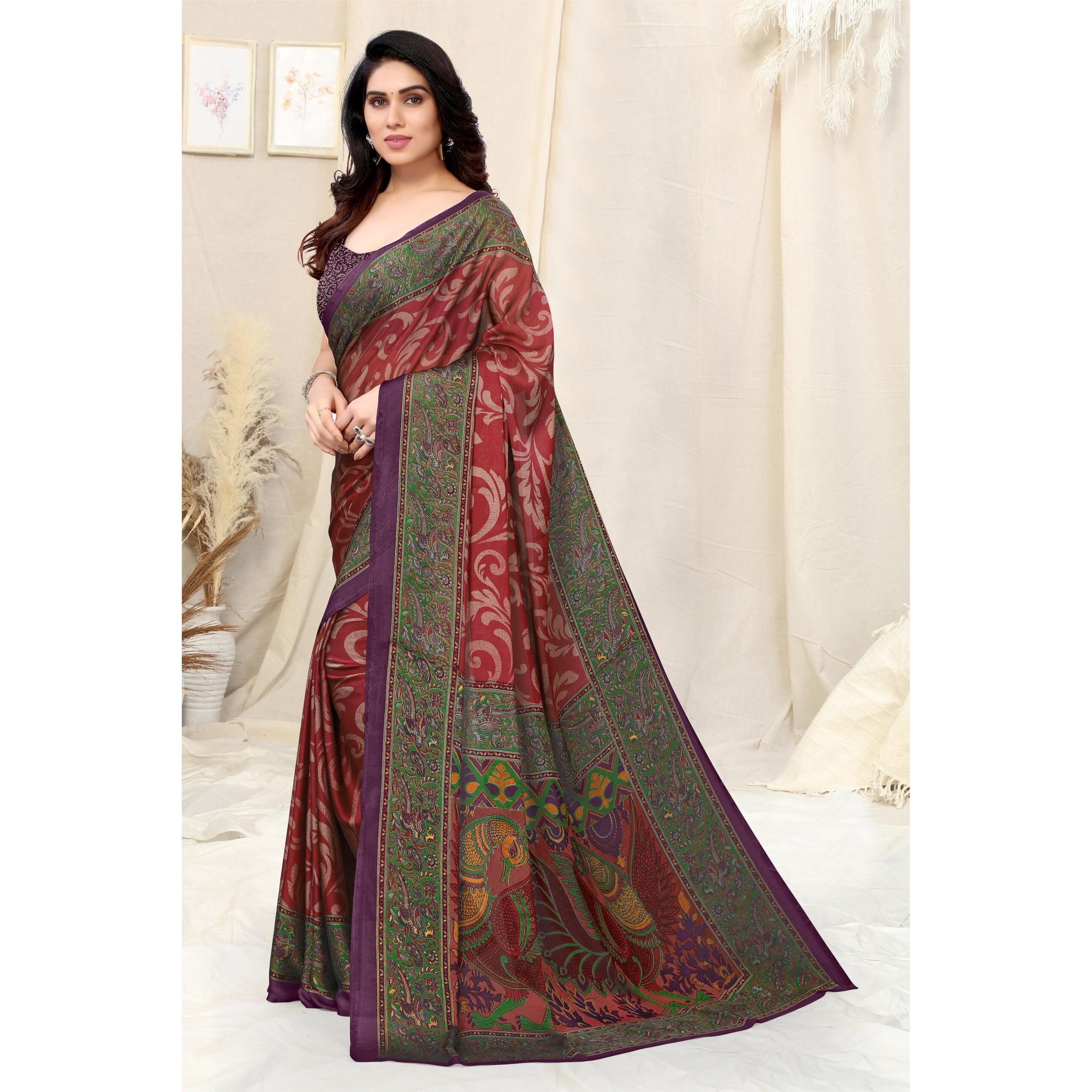 MIRCHI FASHION Womens Plain Weave Chiffon Self Design Printed Saree with Blouse Piece (37835-Red, Green)