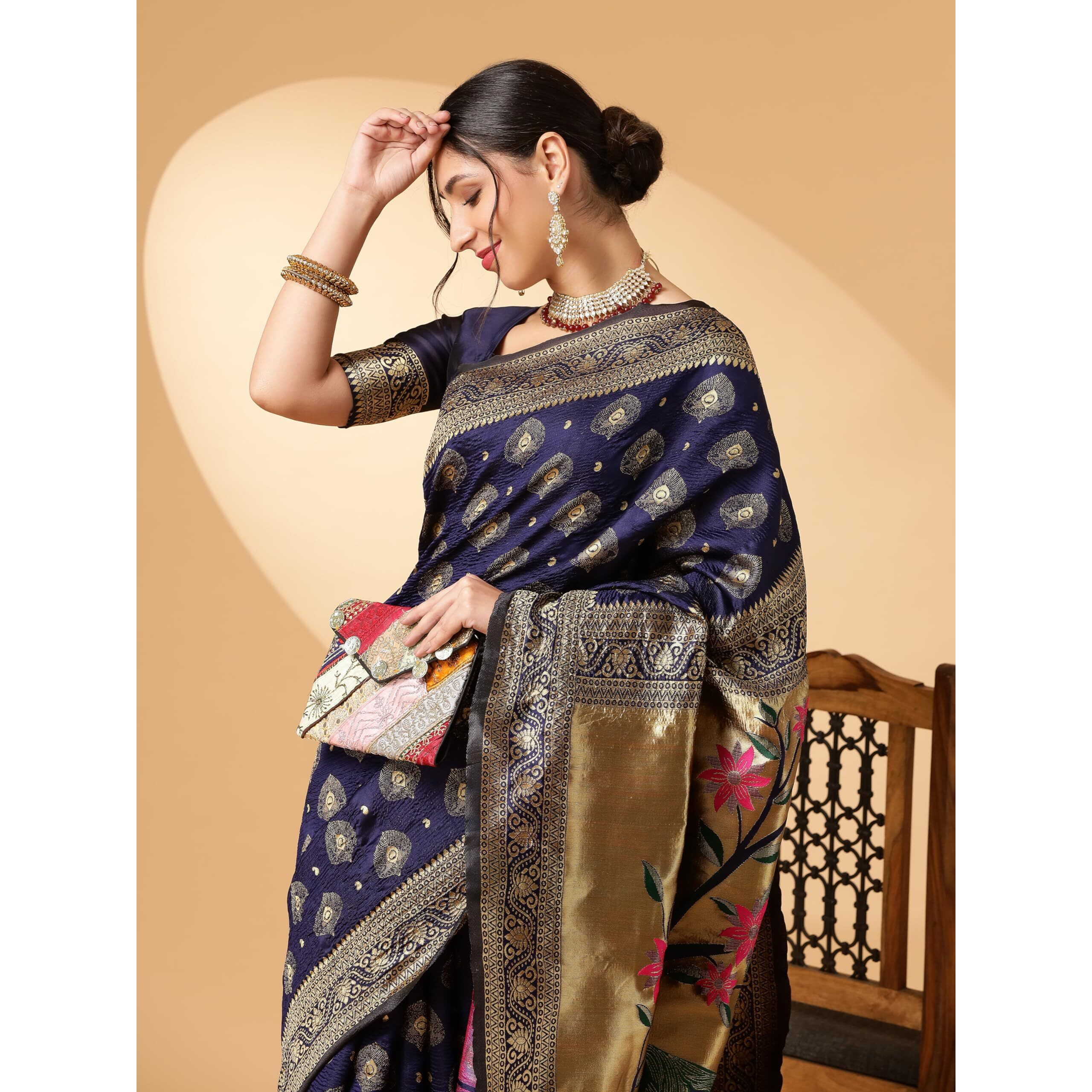 EthnicJunction Womens Paithani Silk Blend Woven Saree With Blouse Piece (Navy Blue)