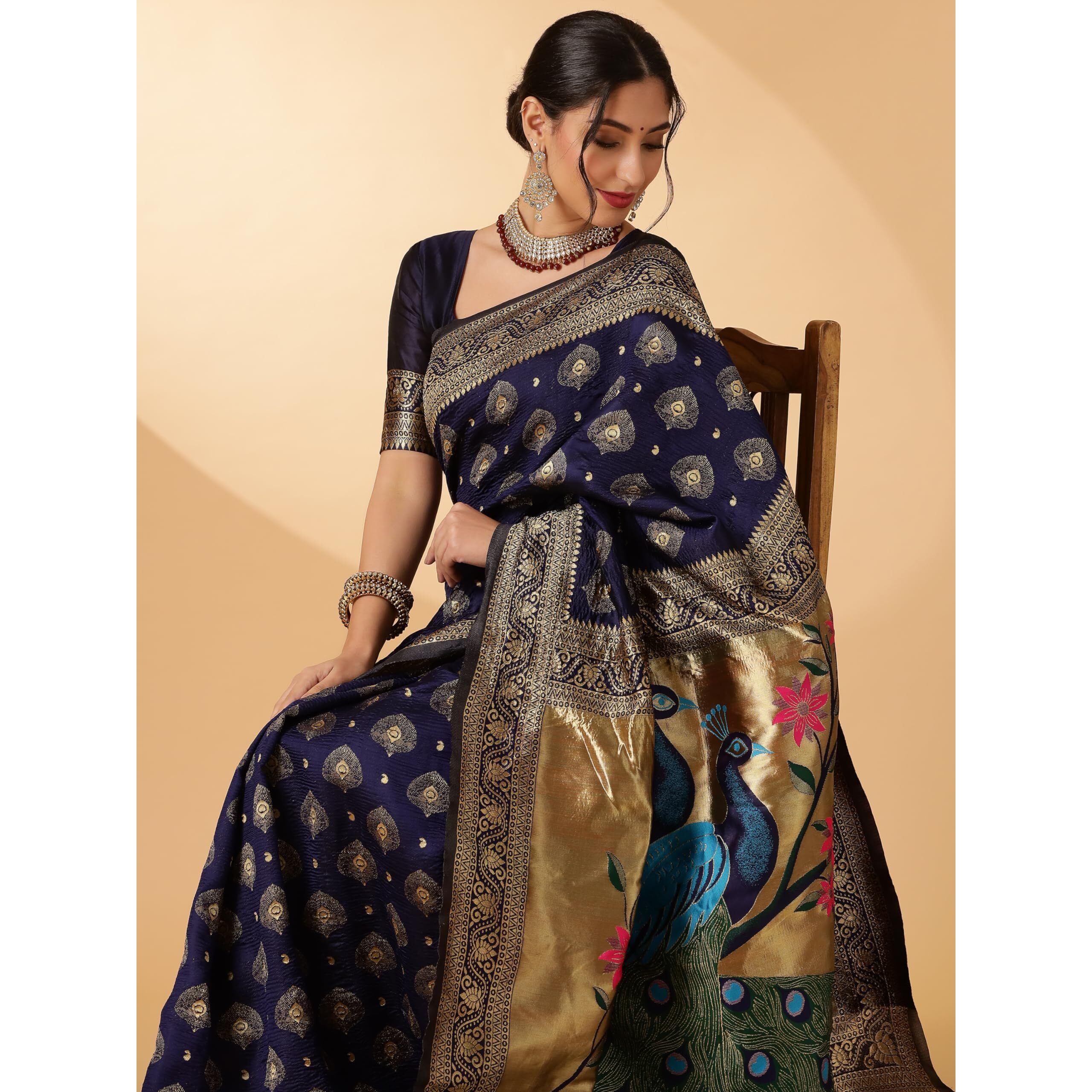EthnicJunction Womens Paithani Silk Blend Woven Saree With Blouse Piece (Navy Blue)