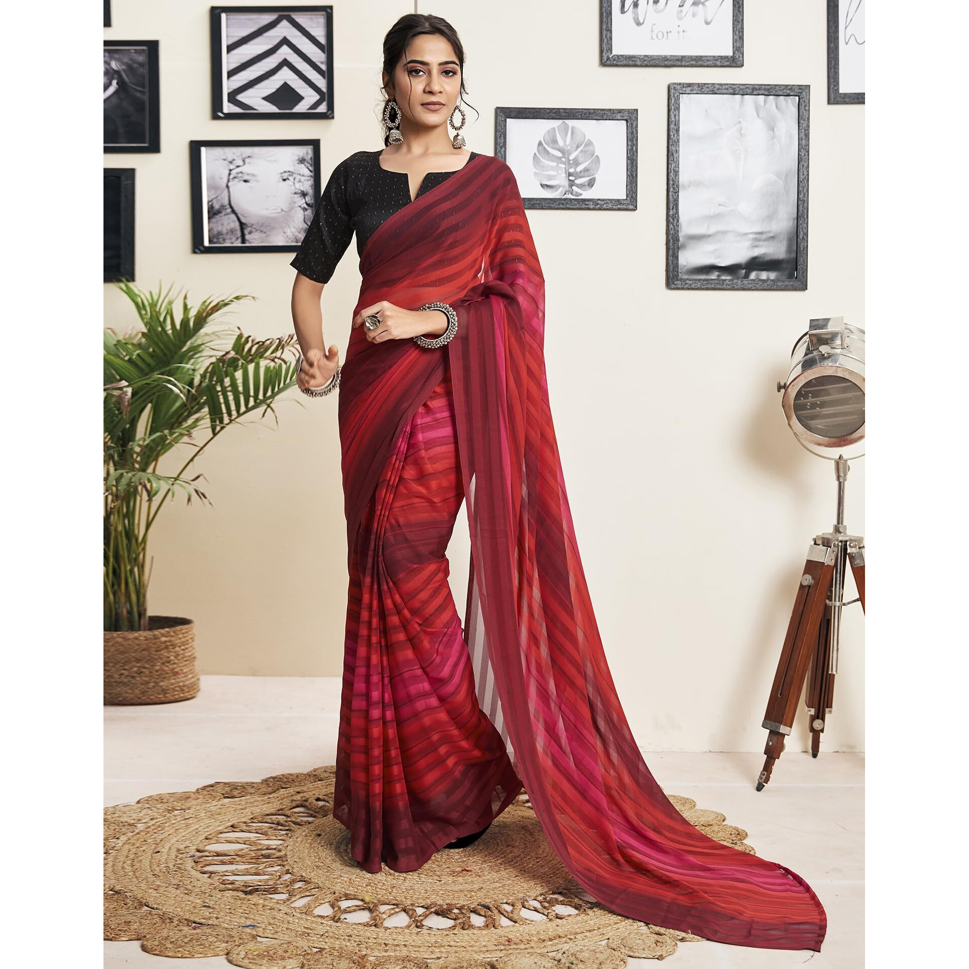 SIRIL Womens Georgette Printed Striped Ready to Wear One Minute Pre Pleated Saree With Unstitched Blouse Piece (19RS174_Maroon & Red)