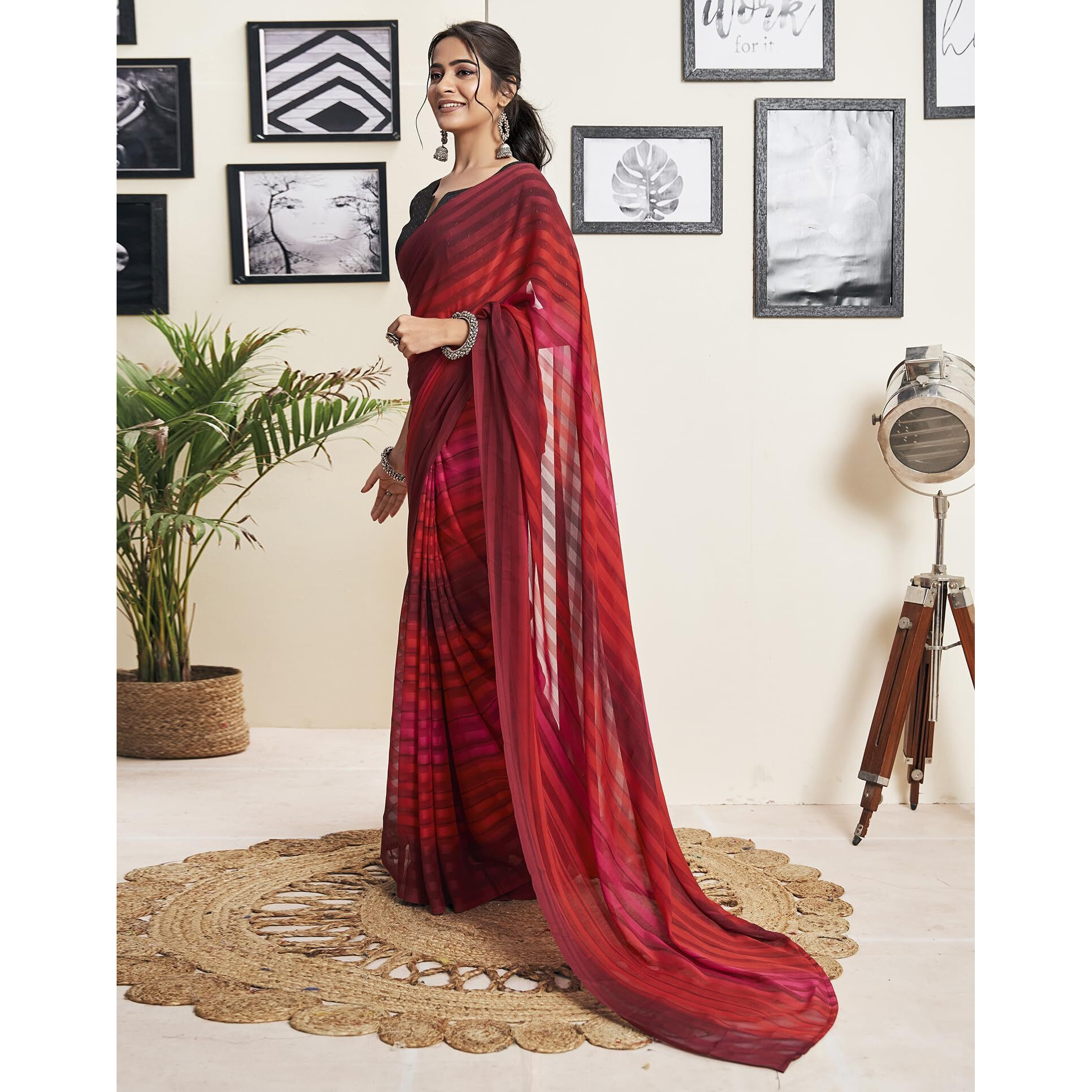 SIRIL Womens Georgette Printed Striped Ready to Wear One Minute Pre Pleated Saree With Unstitched Blouse Piece (19RS174_Maroon & Red)