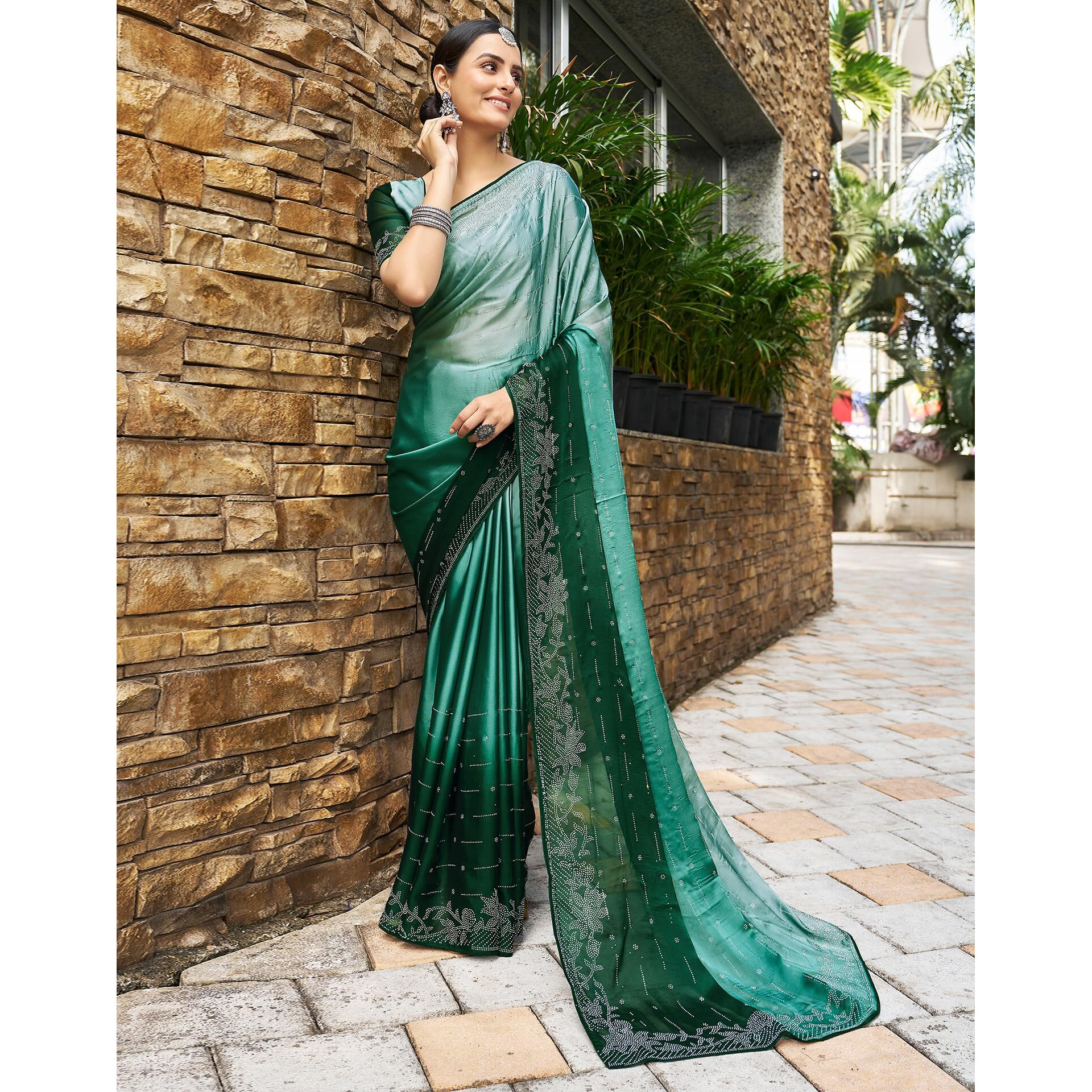 SIRIL Womens Georgette Hot Fixing Saree With Unstitched Blouse Piece (3430S279_Green)