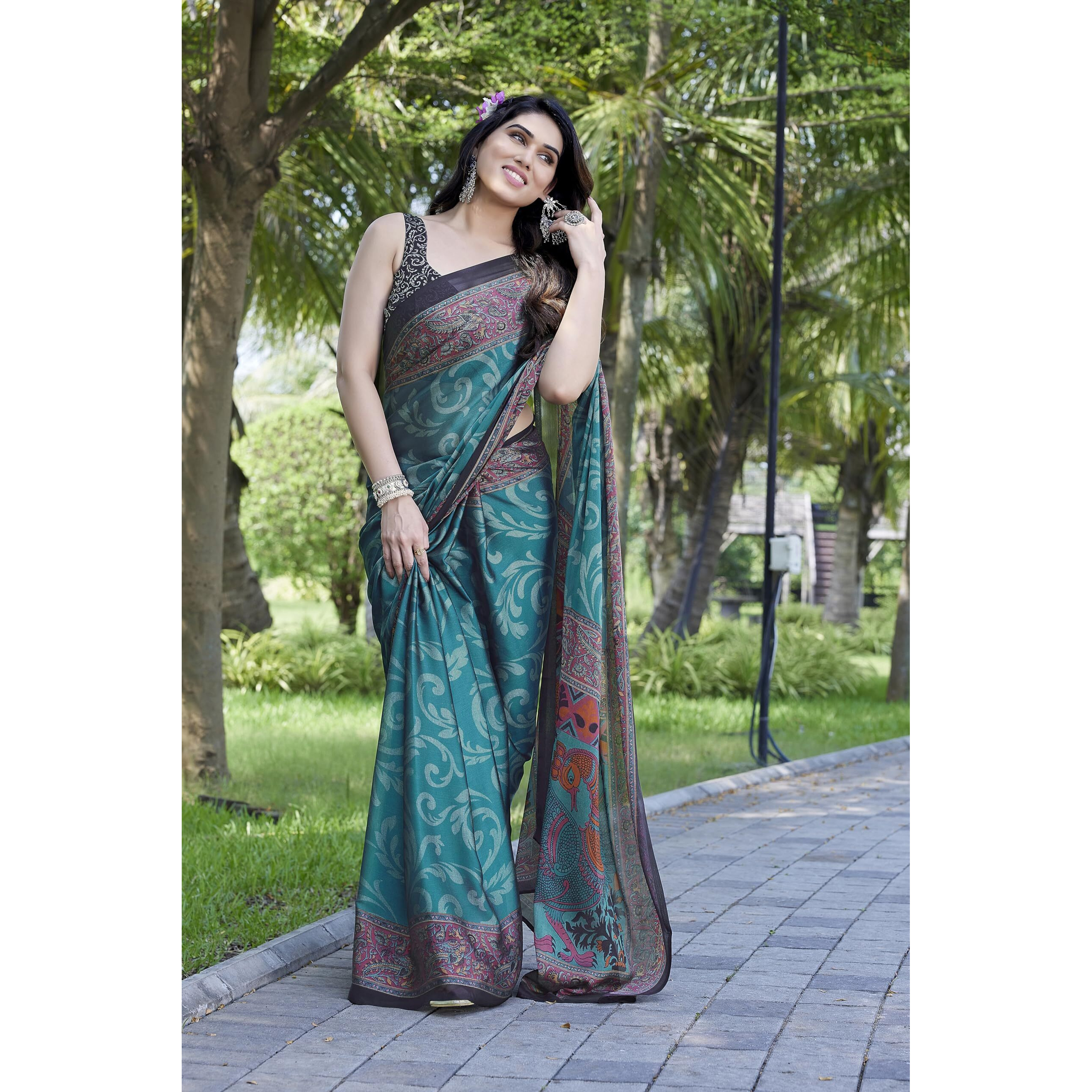MIRCHI FASHION Womens Plain Weave Chiffon Self Design Printed Saree with Blouse Piece (37834-Teal, Red)