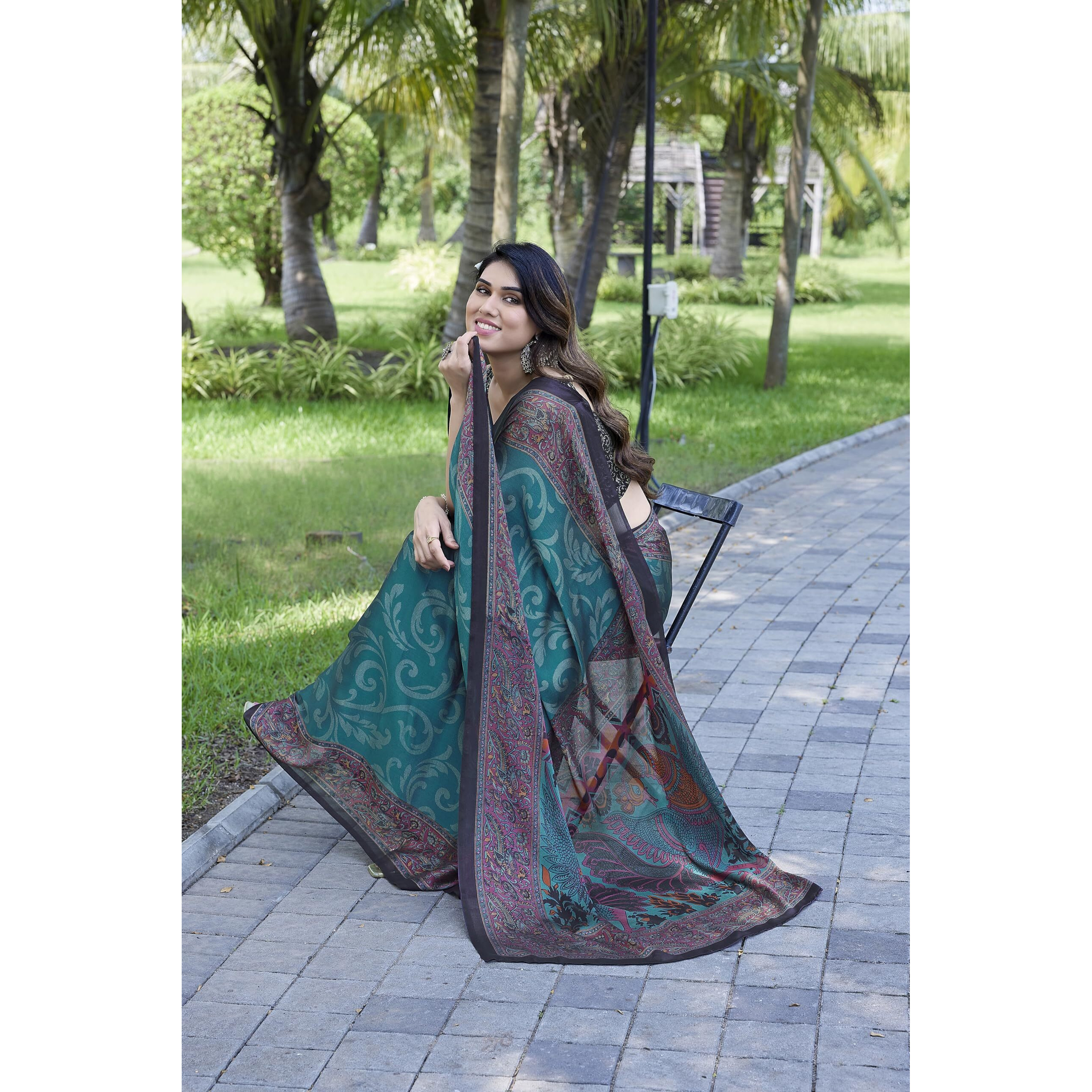 MIRCHI FASHION Womens Plain Weave Chiffon Self Design Printed Saree with Blouse Piece (37834-Teal, Red)