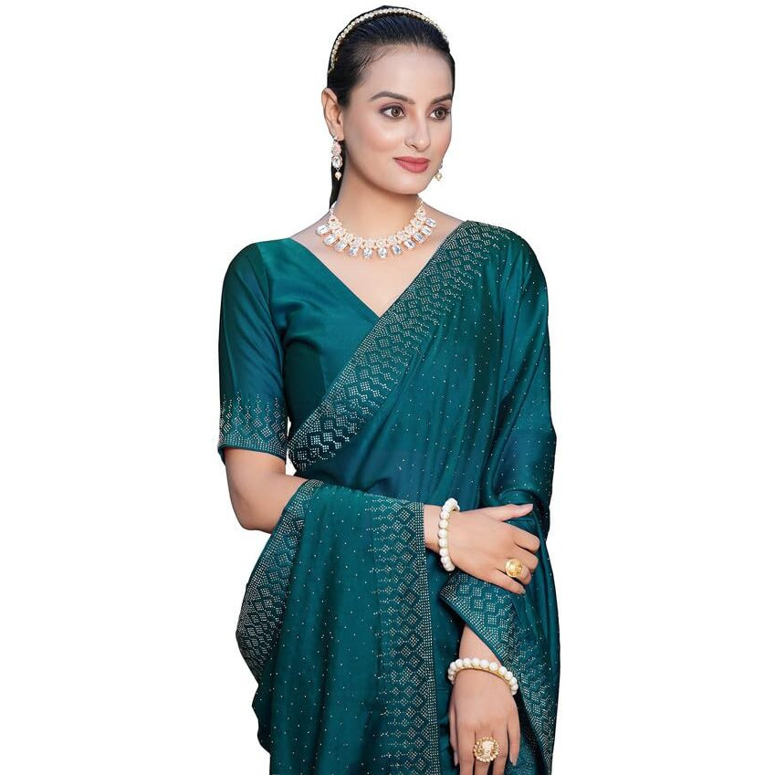 SIRIL Womens Hot Fixing Georgette Saree with Unstitched Blouse Piece (3186S139_Teal Blue)
