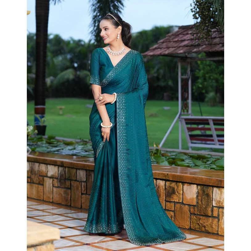 SIRIL Womens Hot Fixing Georgette Saree with Unstitched Blouse Piece (3186S139_Teal Blue)