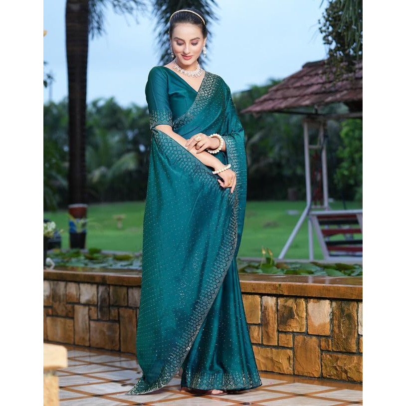 SIRIL Womens Hot Fixing Georgette Saree with Unstitched Blouse Piece (3186S139_Teal Blue)