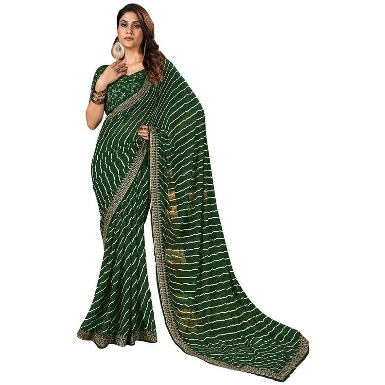 SIRIL Womens Laheriya Printed Georgette Saree with Unstitched Blouse Piece (3252S581_Dark Green)