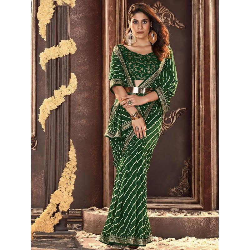 SIRIL Womens Laheriya Printed Georgette Saree with Unstitched Blouse Piece (3252S581_Dark Green)