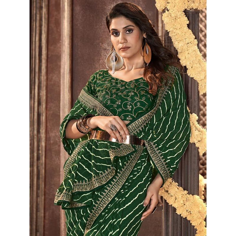 SIRIL Womens Laheriya Printed Georgette Saree with Unstitched Blouse Piece (3252S581_Dark Green)