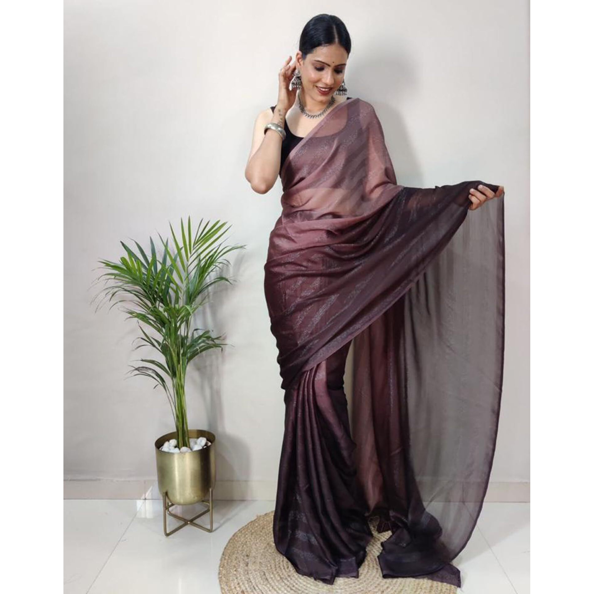 SIRIL Womens Georgette Ready To Wear Saree With Unstitched Blouse Piece (3375S378_Brown)