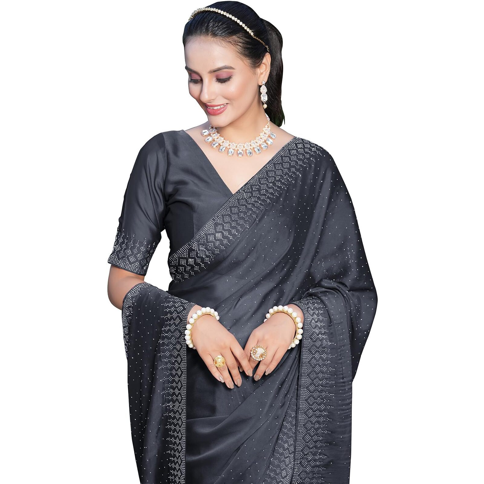 SIRIL Womens Hot Fixing Georgette Saree with Unstitched Blouse Piece (3186S137_Grey)