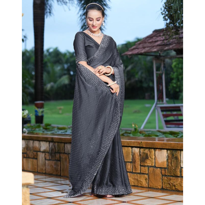 SIRIL Womens Hot Fixing Georgette Saree with Unstitched Blouse Piece (3186S137_Grey)