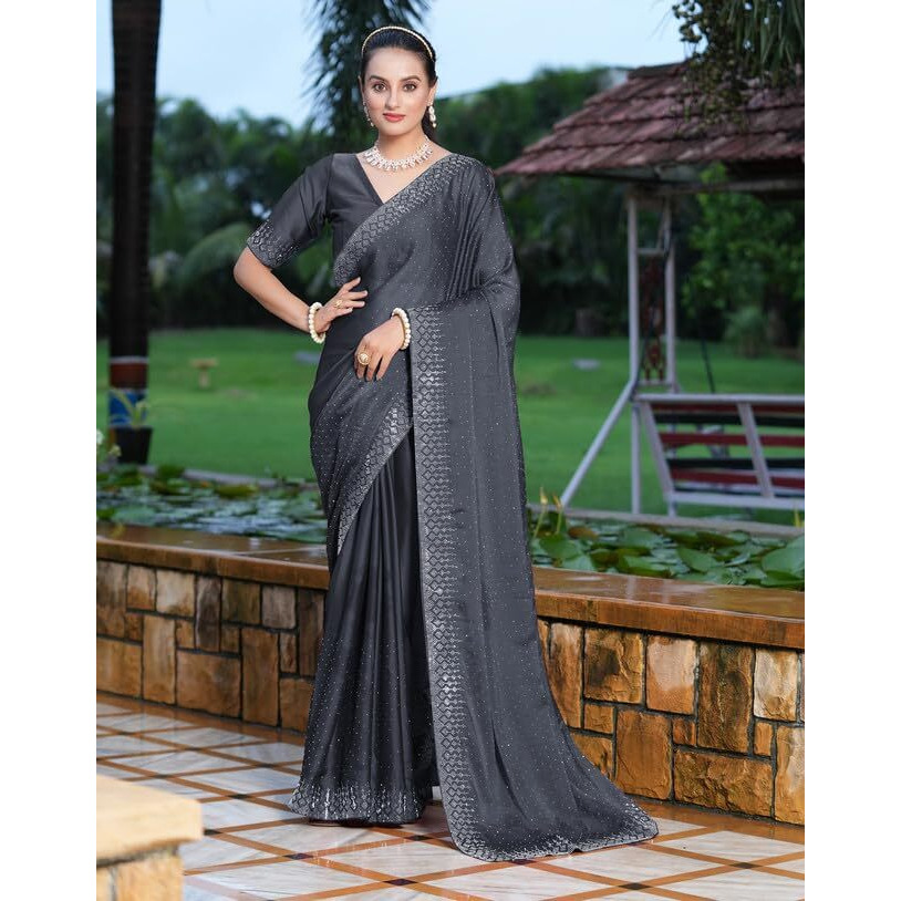 SIRIL Womens Hot Fixing Georgette Saree with Unstitched Blouse Piece (3186S137_Grey)